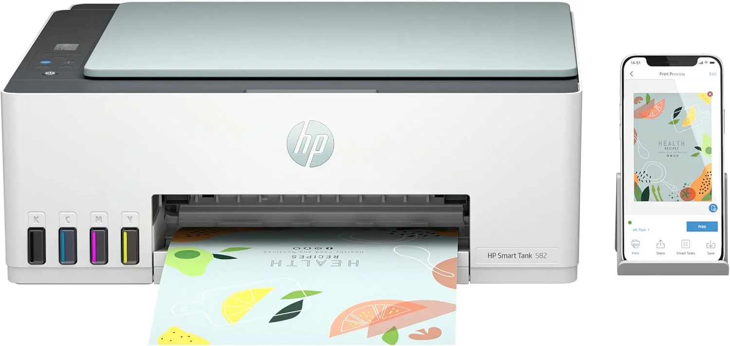 پرینتر چندکاره جوهرافشان بی سیم HP Smart Tank 582، پرینت، اسکن، کپی؛ تا 18000 صفحه سیاه و سفید یا 6000 صفحه رنگی - سبز [4A8D6A]