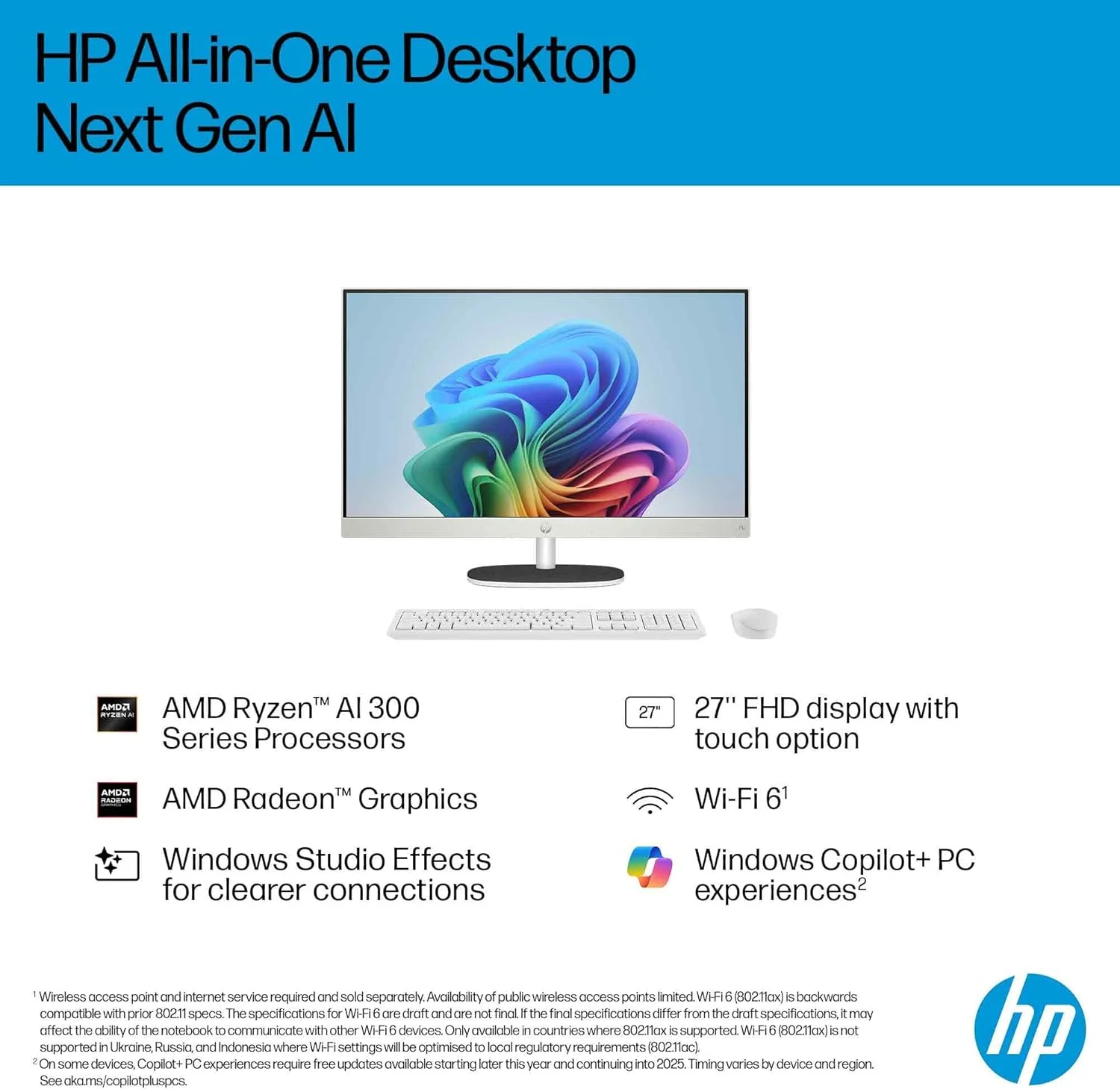 کامپیوتر همه کاره HP مدل All-in-One Desktop AI 27-cr2000ne، صفحه نمایش 27 اینچی FHD، پردازنده Intel® Core™ Ultra 7-255U، رم 16 گیگابایتی DDR5، حافظه SSD 1 ترابایتی، Intel® AI Boost (12 NPU TOPS)، صفحه کلید انگلیسی/عربی، ویندوز 11، سفید صدفی [BZ6J2EA]