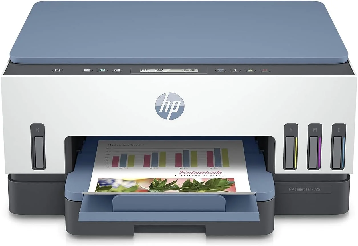 پرینتر چندکاره جوهرافشان HP Smart Tank 725، بی‌سیم، پرینت، اسکن، کپی، چاپ دوروی خودکار، چاپ تا 18000 صفحه سیاه و سفید یا 8000 صفحه رنگی، سفید/آبی [28B51A]، استاندارد