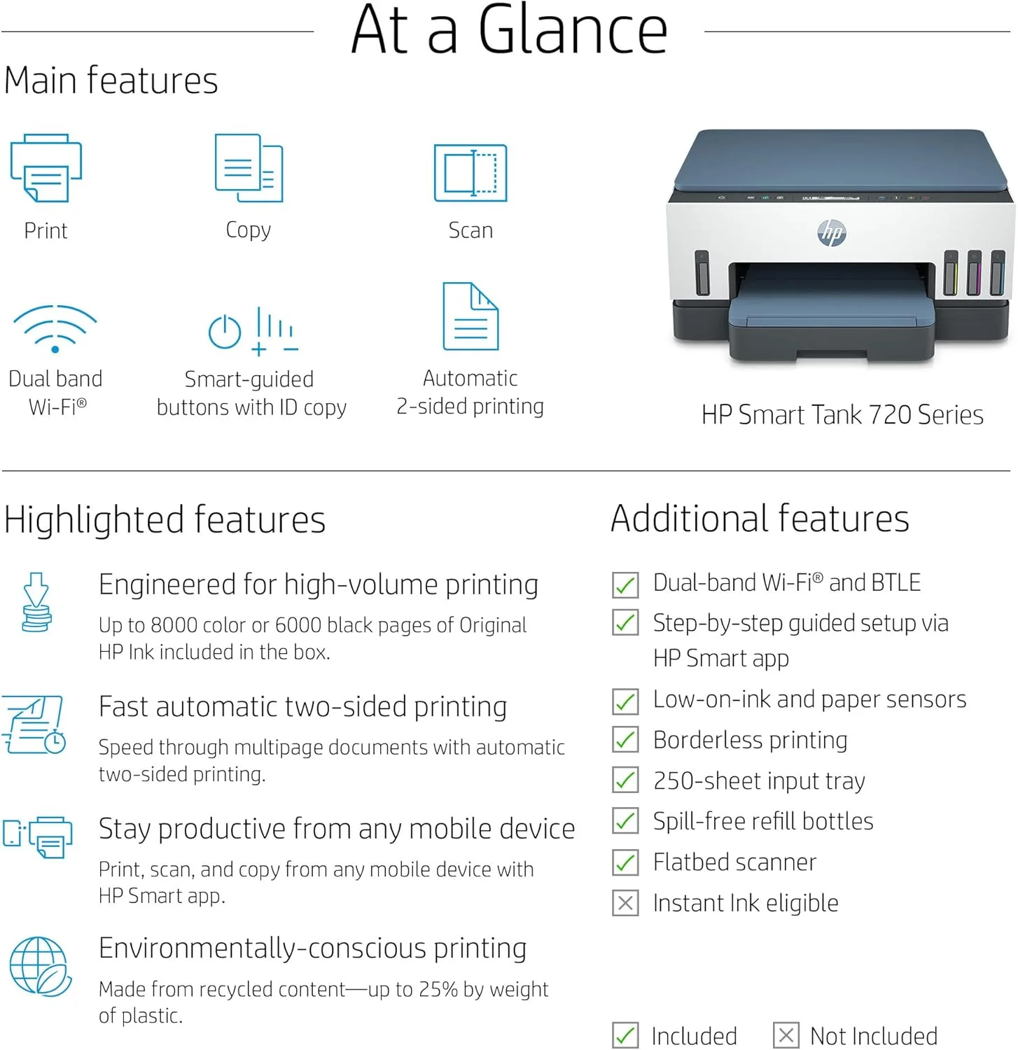 پرینتر چندکاره جوهرافشان HP Smart Tank 725، بی‌سیم، پرینت، اسکن، کپی، چاپ دوروی خودکار، چاپ تا 18000 صفحه سیاه و سفید یا 8000 صفحه رنگی، سفید/آبی [28B51A]، استاندارد