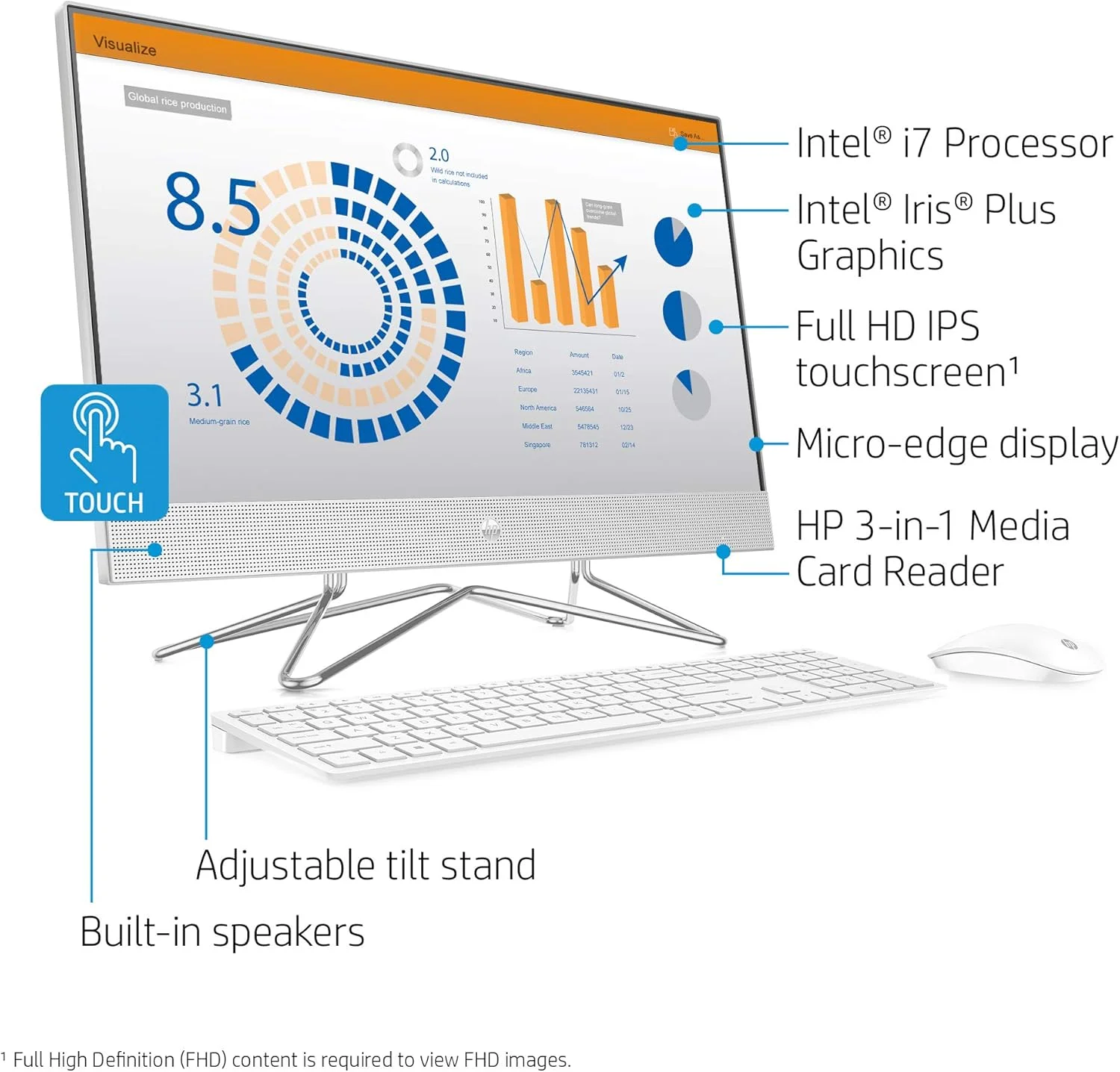 کامپیوتر رومیزی لمسی 24 اینچی آل این وان HP، پردازنده Intel Core i7-1065G7، رم 16 گیگابایتی، SSD 512 گیگابایتی، ویندوز 10 هوم (24-dp0180، نقره ای)