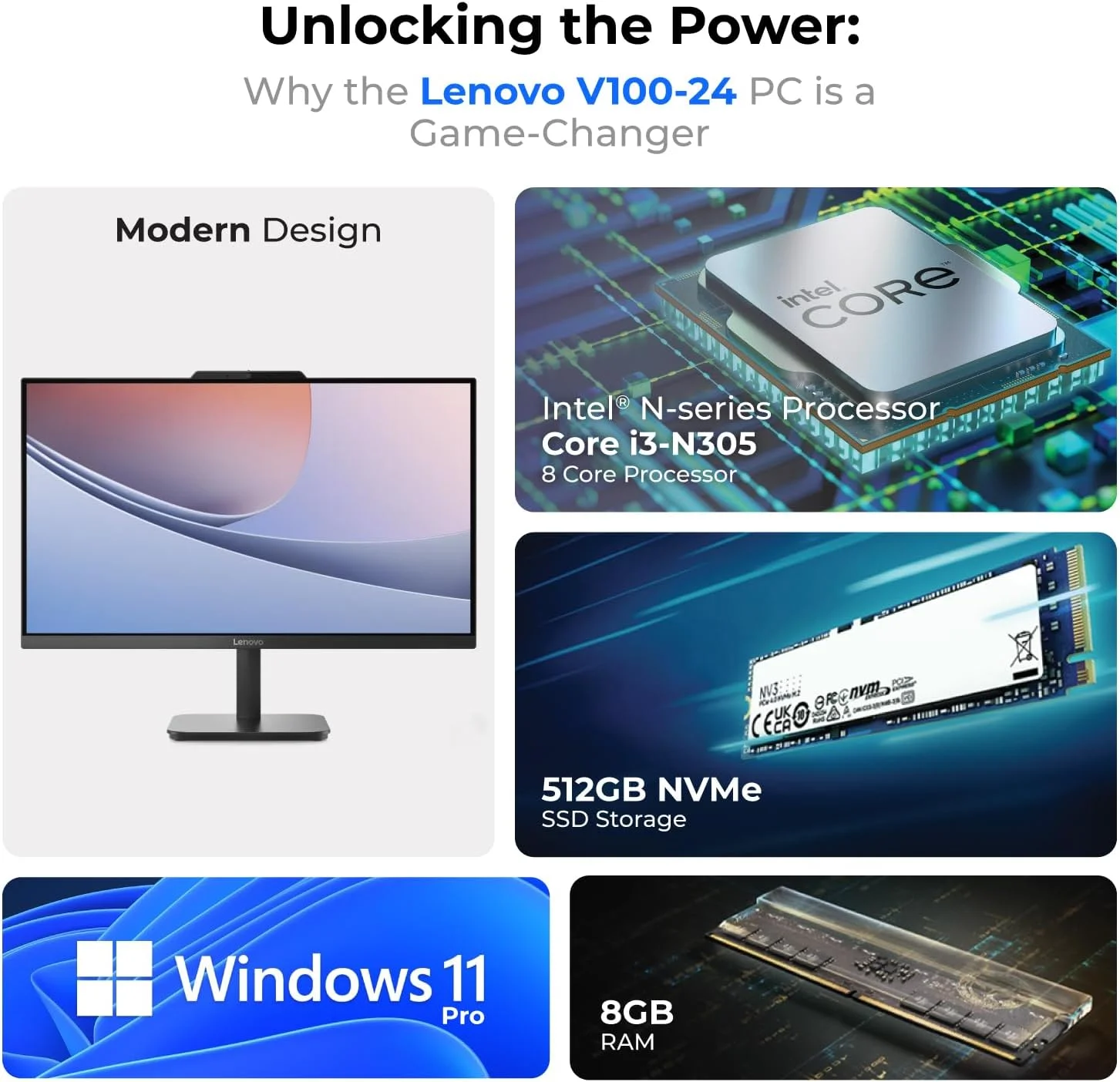 کامپیوتر همه کاره 24 اینچی لنوو - پردازنده Intel Core i3-N305، رم 8 گیگابایتی DDR4، حافظه SSD 512 گیگابایتی، ویندوز 11 پرو، 1 سال گارانتی (شامل پایه هدفون 1st Wave + هاب 5 در 1 + کیبورد + ماوس + آنتی ویروس) مدل V100-24 13BE003FGP