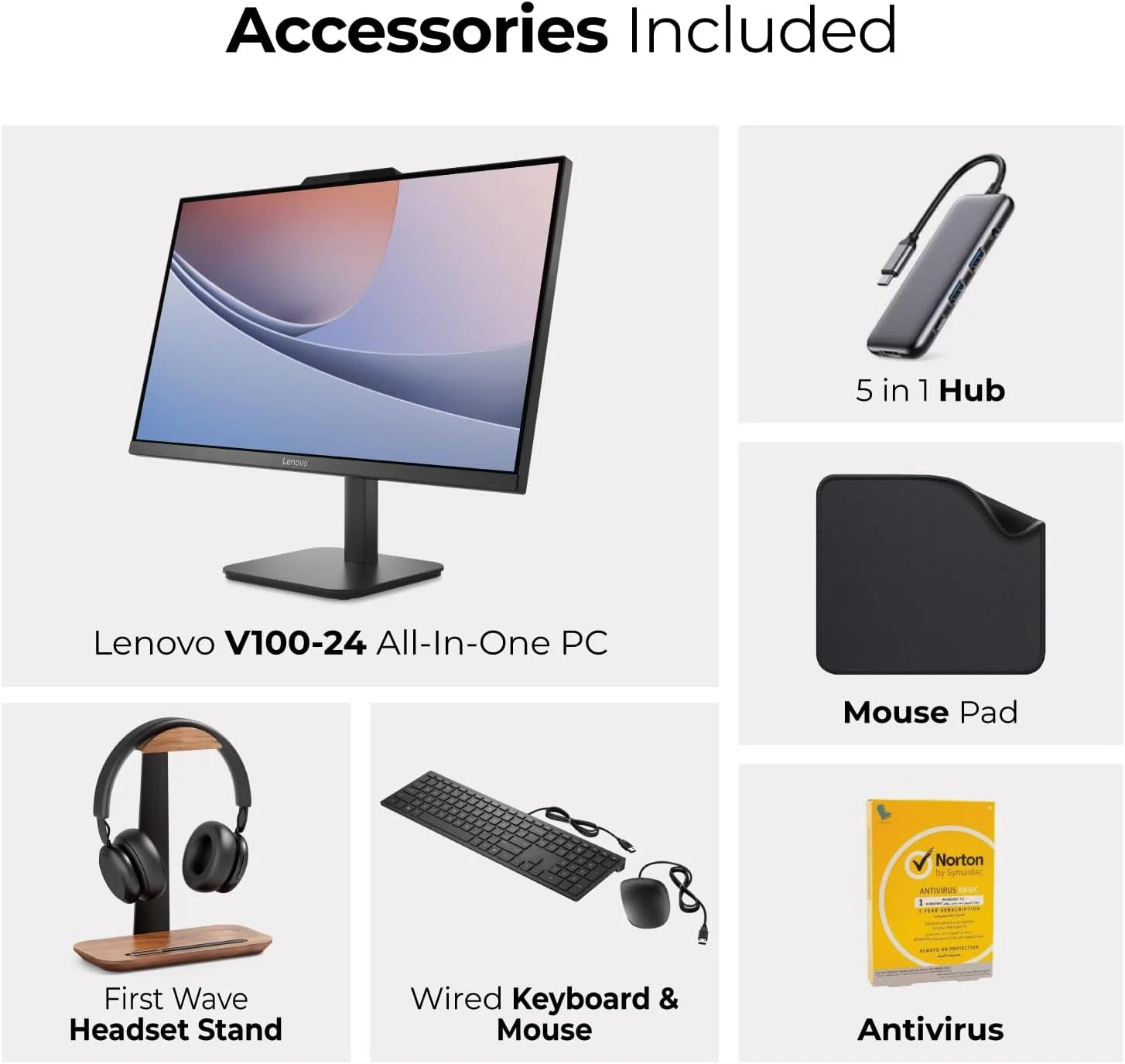 کامپیوتر همه کاره 24 اینچی لنوو - پردازنده Intel Core i3-N305، رم 8 گیگابایتی DDR4، حافظه SSD 512 گیگابایتی، ویندوز 11 پرو، 1 سال گارانتی (شامل پایه هدفون 1st Wave + هاب 5 در 1 + کیبورد + ماوس + آنتی ویروس) مدل V100-24 13BE003FGP