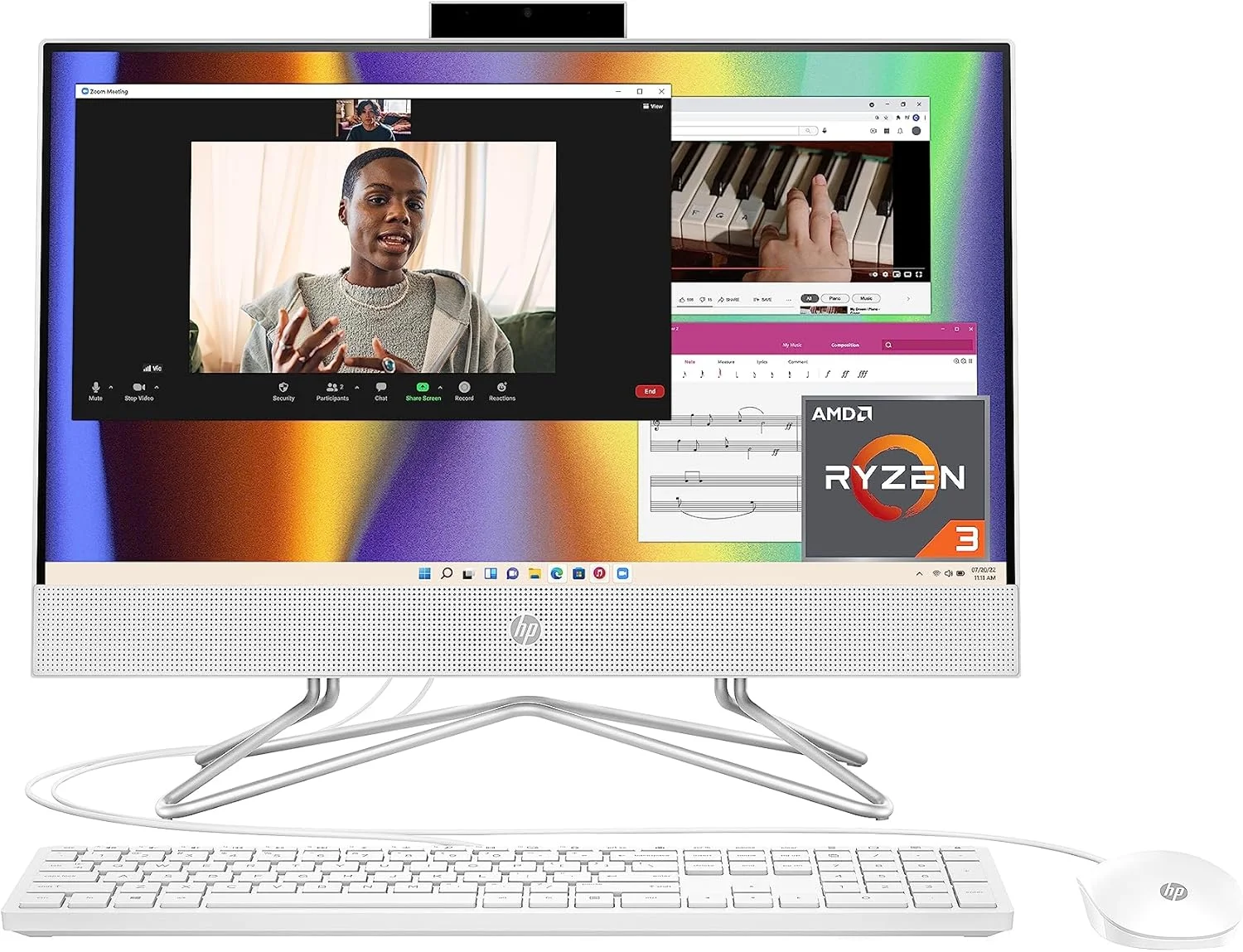 کامپیوتر رومیزی همه کاره HP، صفحه نمایش 21.5 اینچی Full HD Micro-Edge، پردازنده AMD Ryzen 3، گرافیک AMD Radeon، رم 8 گیگابایتی SDRAM، حافظه SSD 256 گیگابایتی، سیستم عامل Windows 11 Home، MU-MIMO، بلوتوث و Wi-Fi (22-dd0032، 2022)