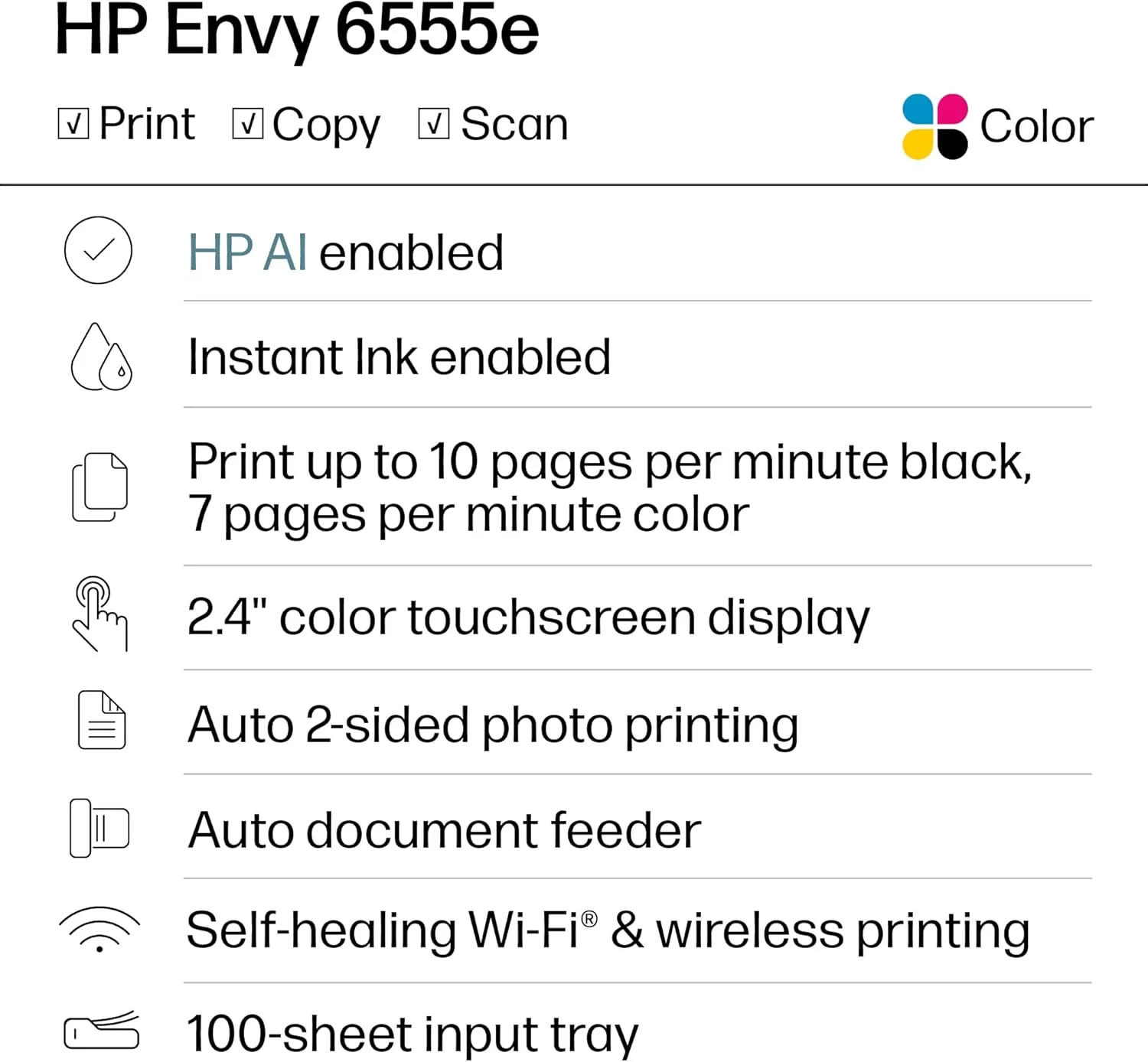 پرینتر جوهرافشان رنگی چندکاره بی سیم HP Envy 6555e، پورتوبلو، چاپ، اسکن، کپی، چاپ دورو، بهترین برای مصارف خانگی، شامل 3 ماه جوهر (714N5A)
