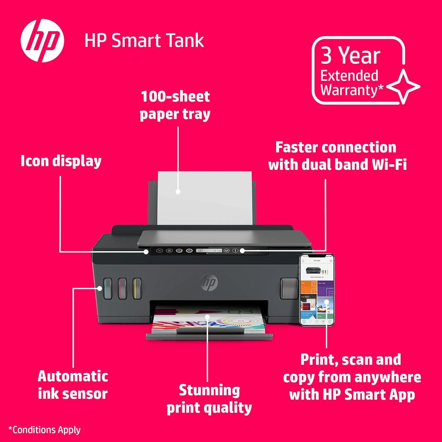 پرینتر چندکاره جوهرافشان بی سیم HP Smart Tank 516، چاپ، اسکن، کپی، چاپ تا 18000 صفحه سیاه و سفید یا 8000 صفحه رنگی - فیروزه ای [3YW70A]