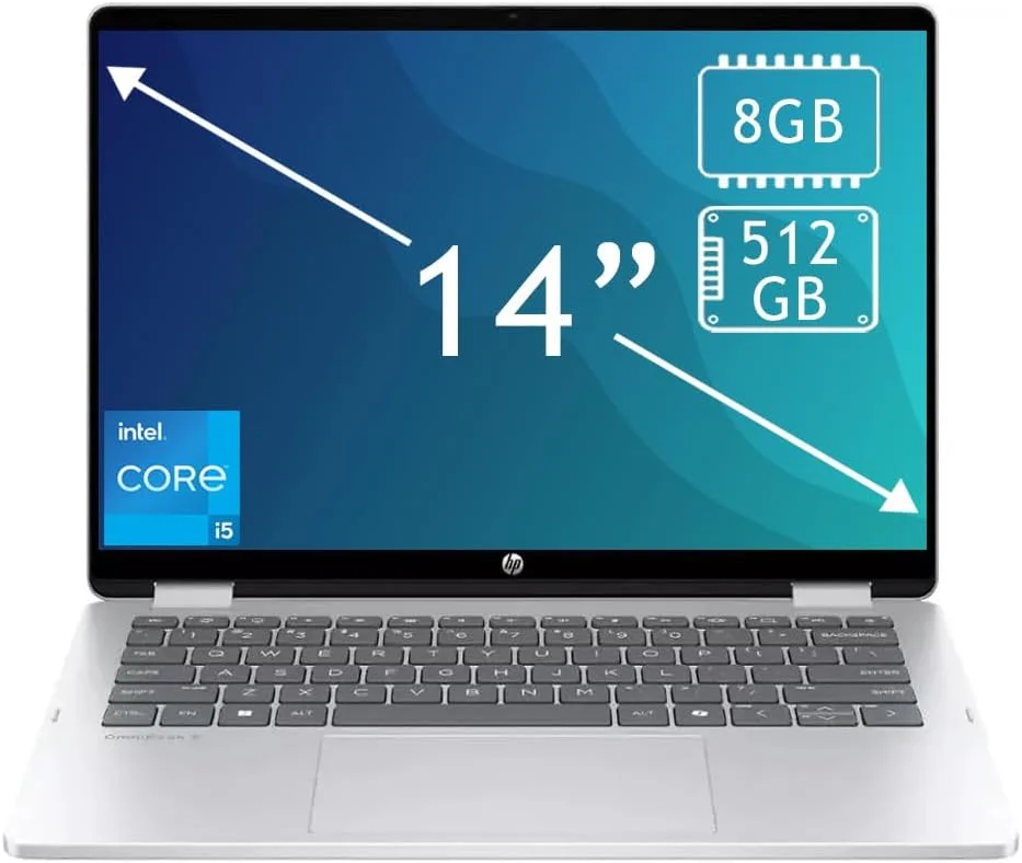لپ تاپ 2 در 1 HP OmniBook 5 Flip، صفحه نمایش لمسی 14 اینچی 2K، پردازنده Intel Core 5 120U، رم 8 گیگابایتی، SSD 512 گیگابایتی، گرافیک Intel، صفحه کلید با نور پس زمینه، Windows 11 Home، نقره ای Glacier