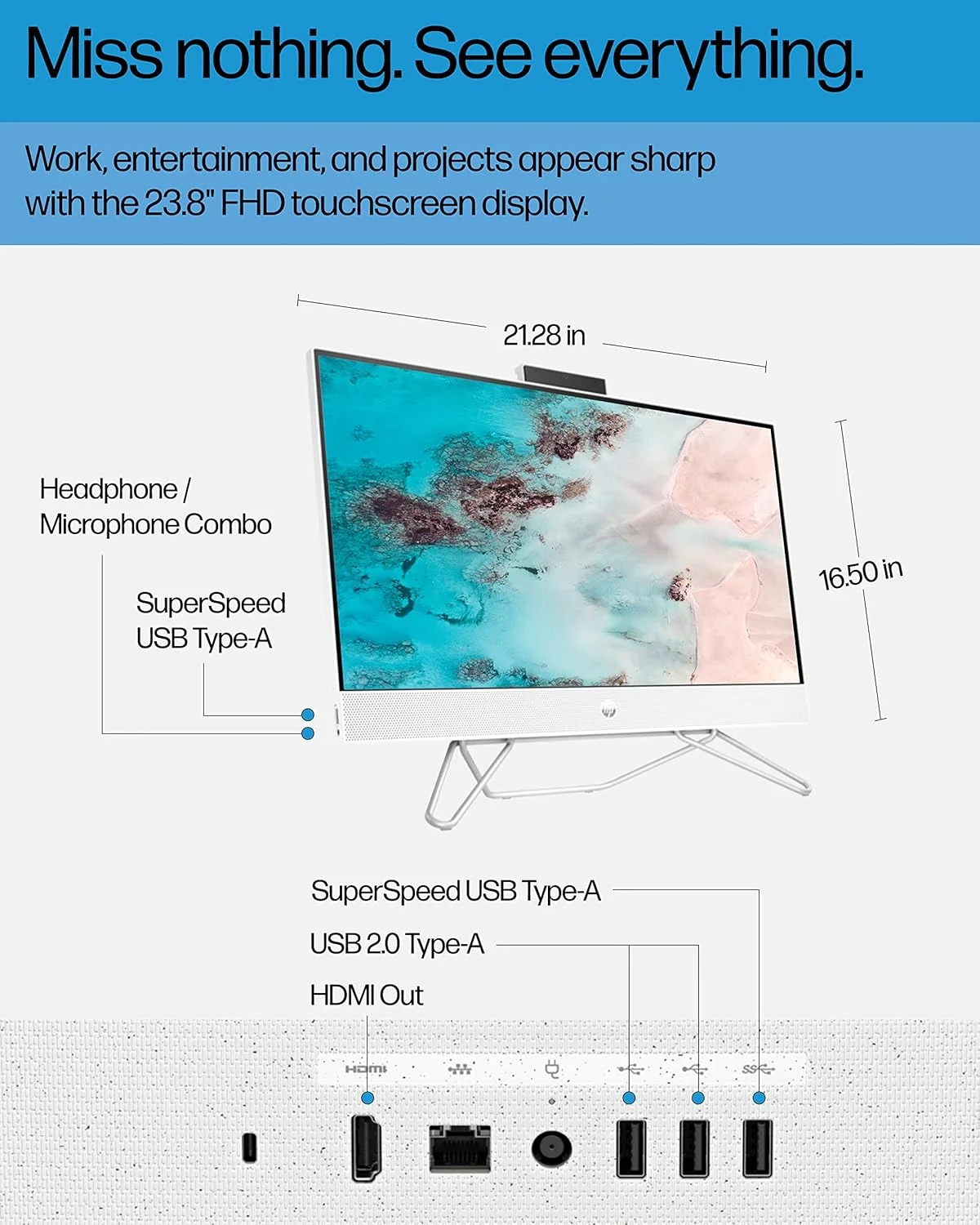 کامپیوتر همه کاره HP، صفحه نمایش لمسی 23.8 اینچی FHD Micro-Edge، پردازنده AMD Ryzen 5، گرافیک AMD Radeon، رم 12 گیگابایتی، SSD 512 گیگابایتی، سیستم عامل Windows 11 Home، Wi-Fi (24-cb1142, 2022)