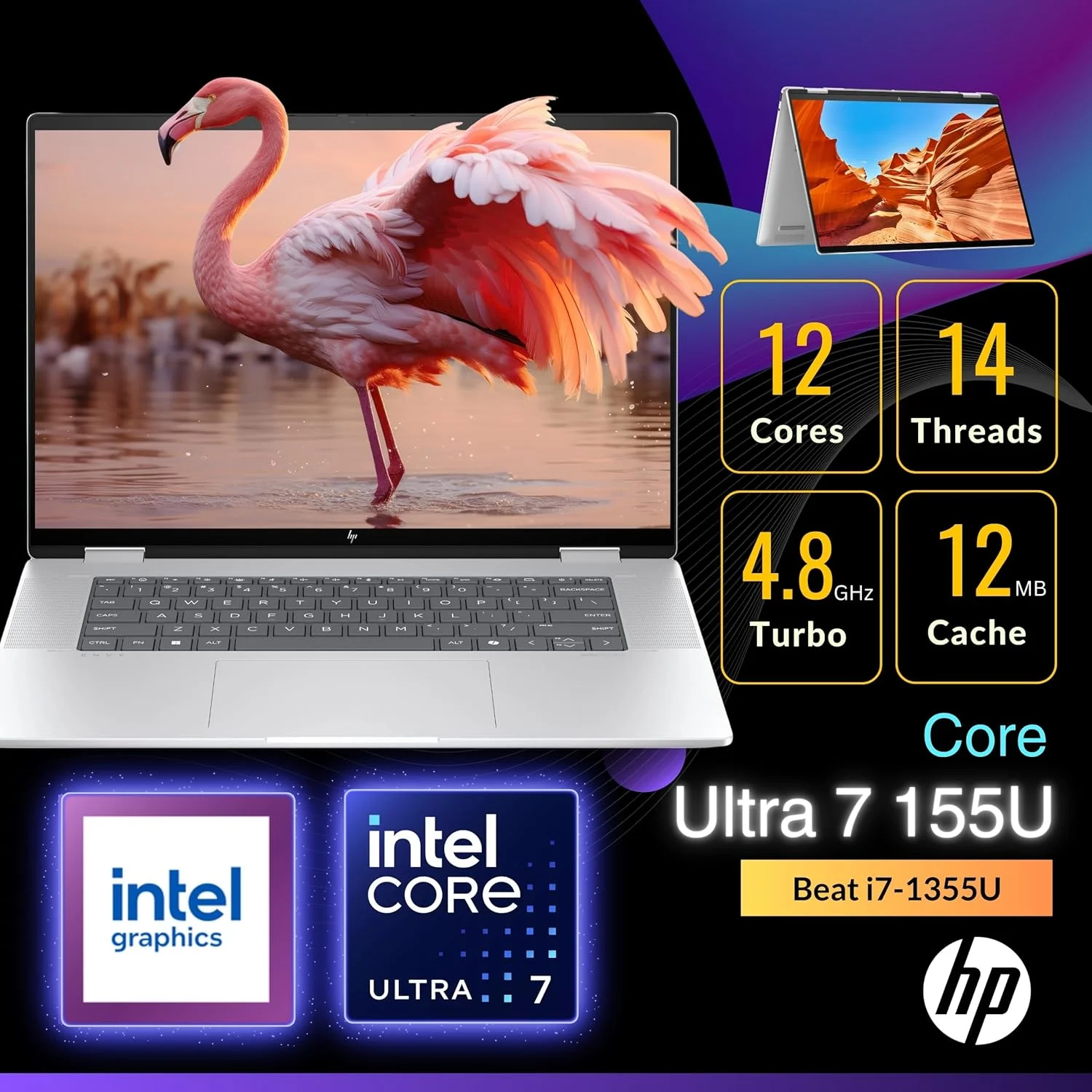 لپ تاپ 2 در 1 HP Envy x360 مدل 2024، صفحه نمایش لمسی 16 اینچی WUXGA، پردازنده Core Ultra 7 155U (>i7-1355U، 4.80 گیگاهرتز)، لپ تاپ هوش مصنوعی Copilot، دوربین IR 5 مگاپیکسلی، کیبورد با نور پس زمینه، ویندوز 11 هوم، نقره ای (16 گیگابایت DDR5 6400 مگاهرتز | 2 ترابایت SSD)