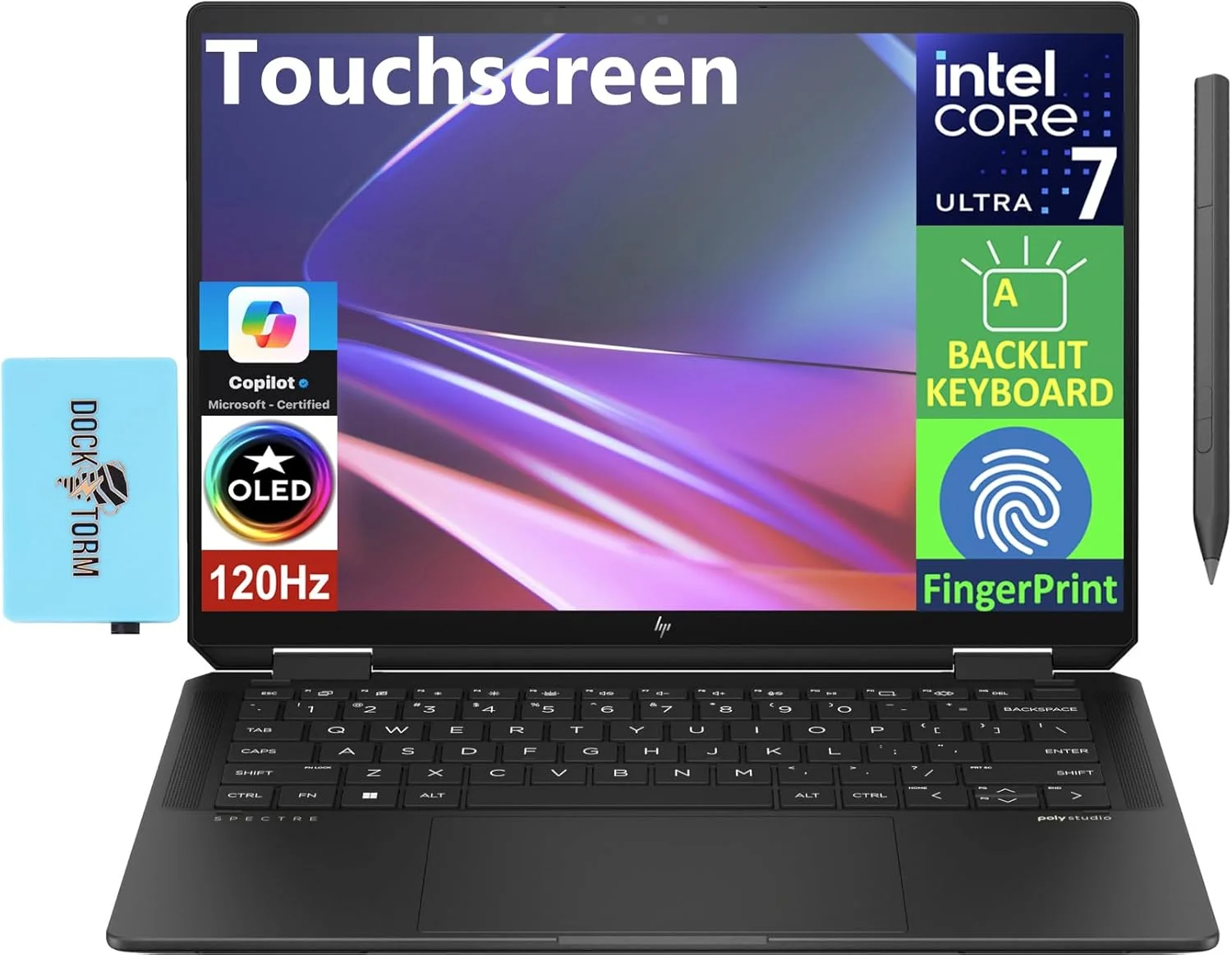 لپ تاپ 2 در 1 هوشمند HP Spectre x360 با صفحه لمسی 14.0 اینچی OLED 2.8K (پردازنده Intel Ultra 7-155H، رم 32 گیگابایتی LPDDR5X، حافظه SSD 2 ترابایتی PCIe، قلم فعال، کیبورد با نور پس زمینه، حسگر اثر انگشت، ویندوز 11 پرو) همراه با توسعه دهنده پورت USB DKZ