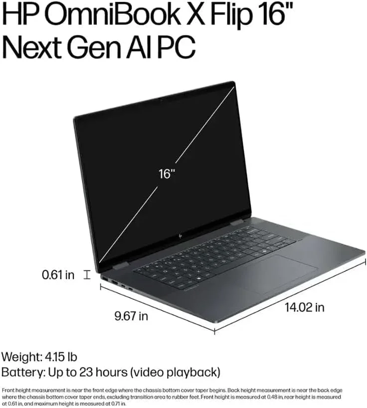 لپ تاپ 2 در 1 HP OmniBook X Flip 2025، صفحه نمایش لمسی 16 اینچی WUXGA IPS ~ Ultra 7 256V 8 هسته ای ~ کارت گرافیک Arc 140V ~ 16 گیگابایت LPDDR5 ~ 1 ترابایت SSD ~ صفحه کلید با نور پس زمینه ~ Thunderbolt 4 ~ Wi-Fi 6E ~ Win11 Home