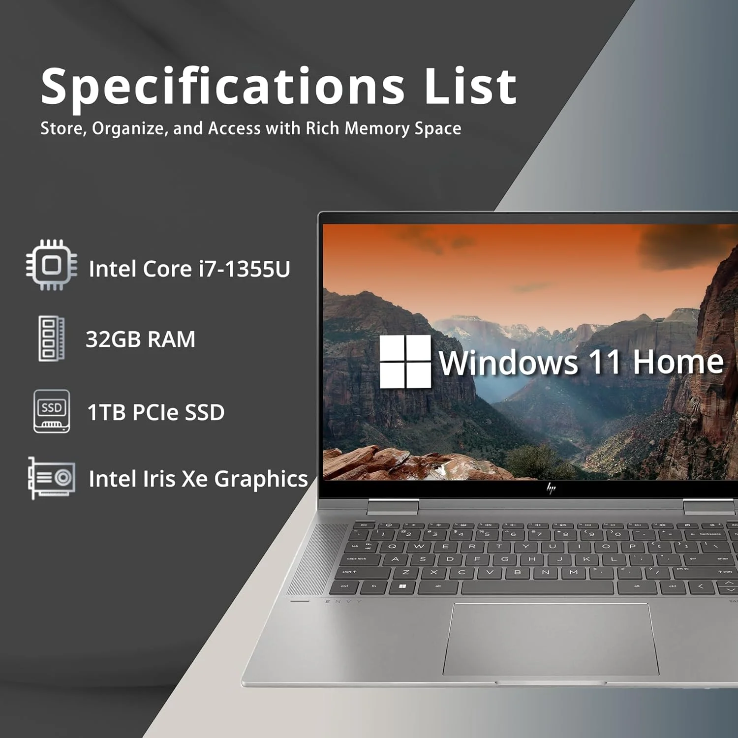لپ تاپ لمسی 2 در 1 HP Envy X360 مدل 2022 با صفحه نمایش 15.6 اینچی FHD، پردازنده Intel Core i7-1165G7، رم 32 گیگابایتی، حافظه SSD PCIe 1 ترابایتی، کیبورد با نور پس زمینه، گرافیک Iris Xe، صدای B&O، ویندوز 11، نقره ای، کارت USB 32 گیگابایتی Snowbell (ارتقا یافته)