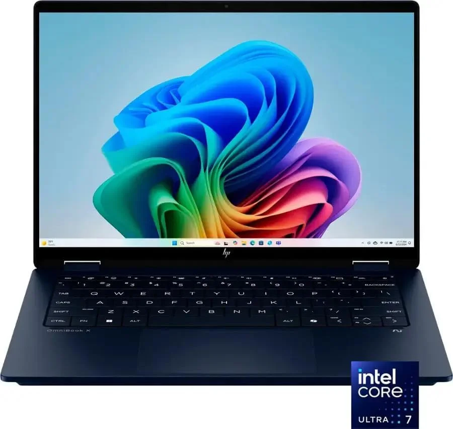 لپ تاپ تجاری 2 در 1 HP OmniBook X Flip، مدل 2025، صفحه نمایش لمسی 14 اینچی 1920x1200، پردازنده Intel-8 Core Ultra 7 256V، رم 16 گیگابایتی LPDDR5، حافظه SSD 2 ترابایتی، ویندوز 11 هوم، کیبورد با نور پس زمینه، Wi-Fi 6E، بلوتوث 5.3، تاندربولت 4، دوربین IR 5 مگاپیکسلی، آبی