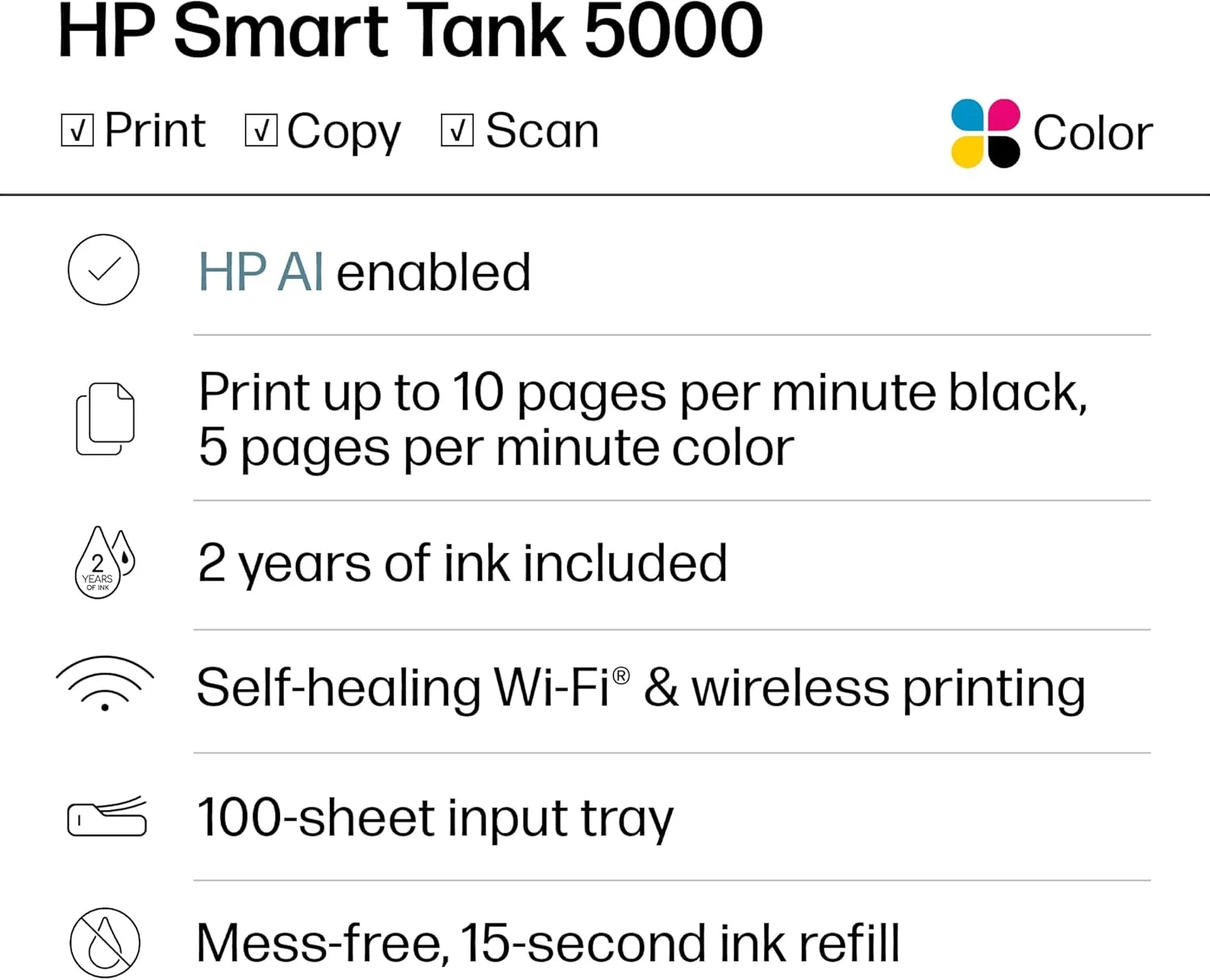 پرینتر مخزن جوهر بی‌سیم چندکاره HP Smart Tank 5101 با 2 سال جوهر رایگان، پرینت، اسکن، کپی، بهترین برای خانه، مخزن جوهر قابل شارژ (1F3Y0A)