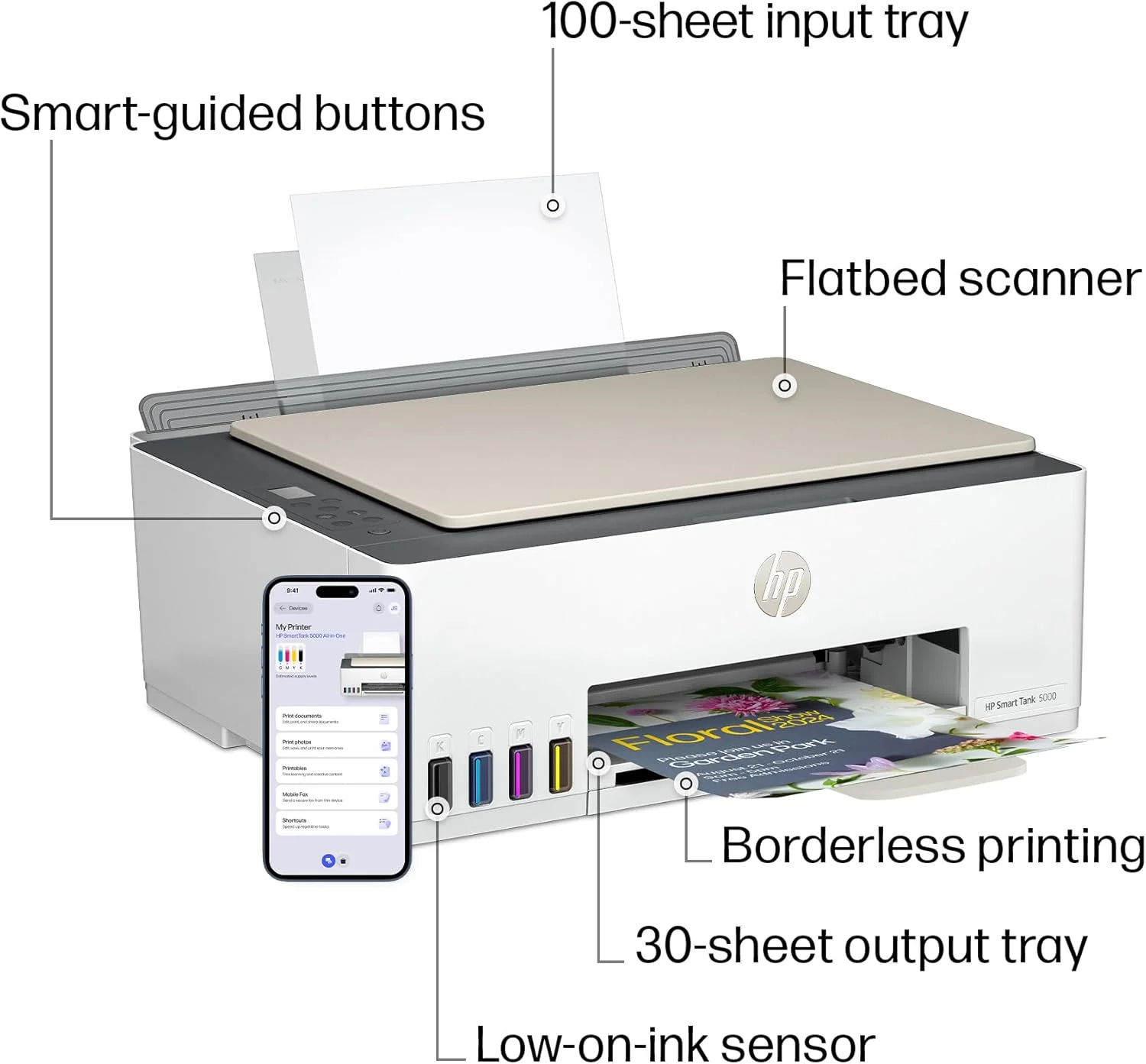 پرینتر مخزن جوهر بی‌سیم چندکاره HP Smart Tank 5101 با 2 سال جوهر رایگان، پرینت، اسکن، کپی، بهترین برای خانه، مخزن جوهر قابل شارژ (1F3Y0A)