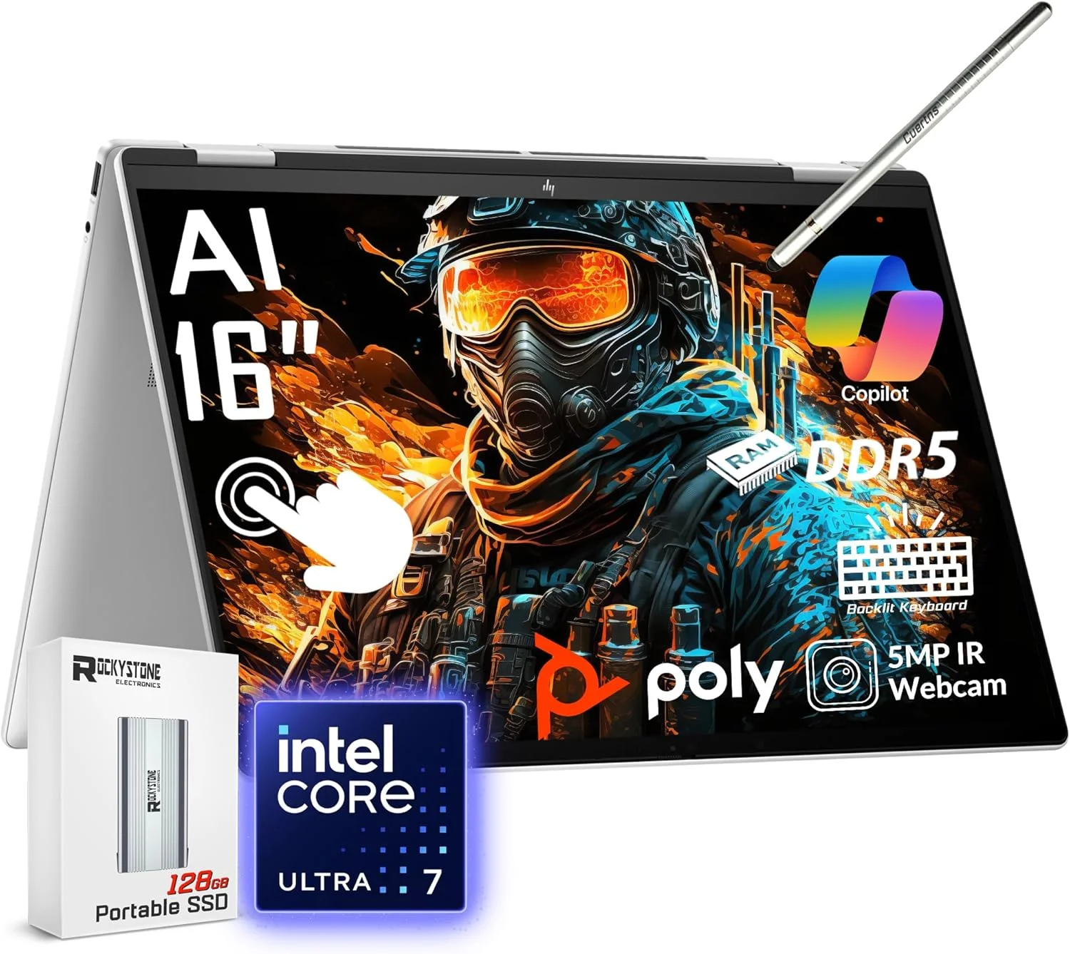 لپ تاپ 2 در 1 HP Envy x360 مدل 2024، صفحه نمایش لمسی 16 اینچی WUXGA، پردازنده Core Ultra 7 155U (>i7-1355U، 4.80 گیگاهرتز)، لپ تاپ هوش مصنوعی Copilot، دوربین IR 5 مگاپیکسلی، صفحه کلید با نور پس زمینه، ویندوز 11 هوم، نقره ای (16 گیگابایت 6400 مگاهرتز DDR5 | 2 ترابایت SSD)