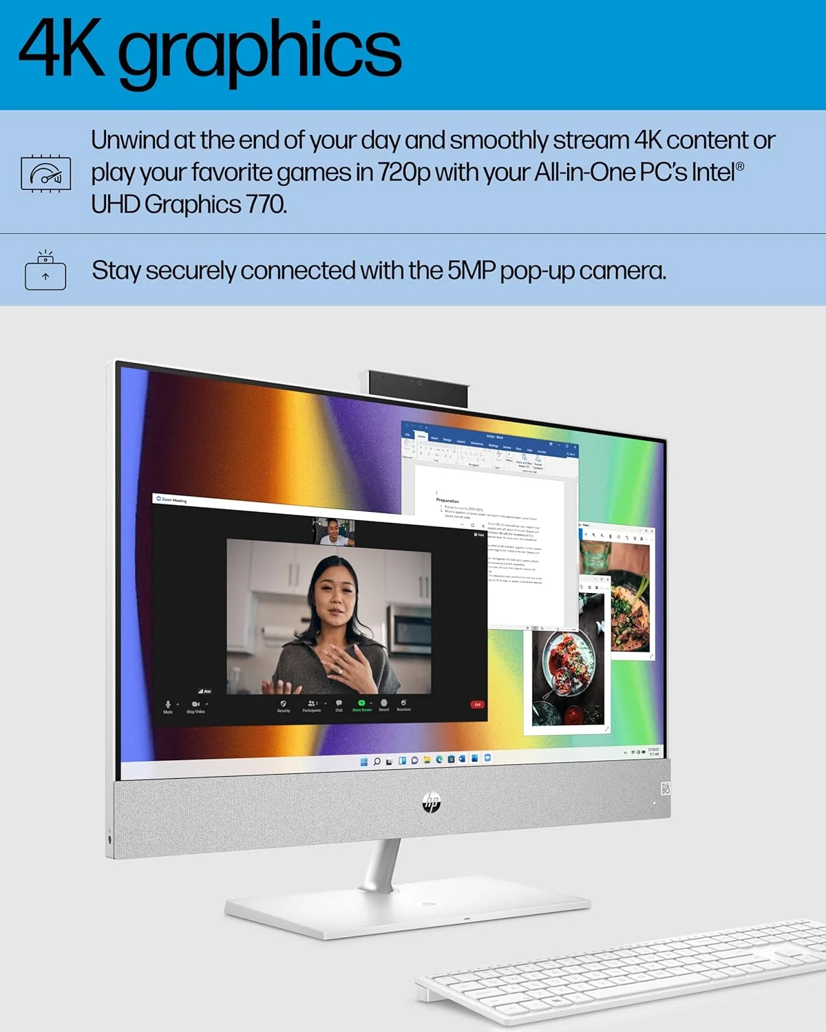 کامپیوتر همه کاره HP Pavilion، نسل دوازدهم پردازنده Intel Core i7-12700T، رم 16 گیگابایتی، SSD 256 گیگابایتی، صفحه نمایش لمسی Full HD IPS، ویندوز 11 Home، گرافیک 4K، ماوس و کیبورد بی سیم، دوربین پاپ آپ 5 مگاپیکسلی (27-CA1180، 2022)