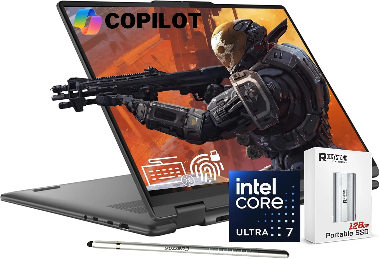 لپ تاپ 2 در 1 هوش مصنوعی Lenovo 2024 Yoga 7i، صفحه نمایش لمسی 16 اینچی WUXGA، پردازنده 12 هسته ای Intel Ultra 7 155U (بهتر از i7-1355U)، 16 گیگابایت رم LPDDR5X، 1 ترابایت SSD، نور پس زمینه، حسگر اثر انگشت، وب کم FHD IR، کمک خلبان هوش مصنوعی، ویندوز 11 هوم، همراه با SSD قابل حمل و قلم