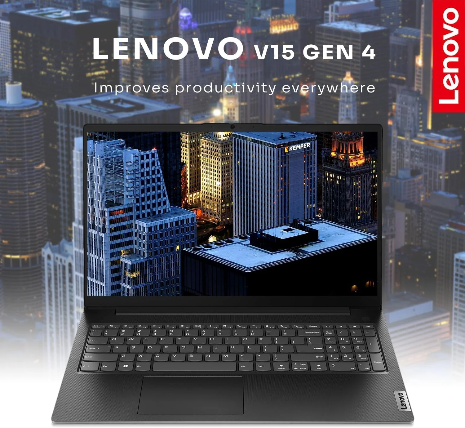 لپ تاپ تجاری لنوو V15 Gen 4، صفحه نمایش 15.6 اینچی FHD، پردازنده AMD Ryzen 5 5500U، رم 16 گیگابایتی، SSD 1 ترابایتی، وب کم، HDMI، Wi-Fi، ویندوز 11 پرو، مشکی