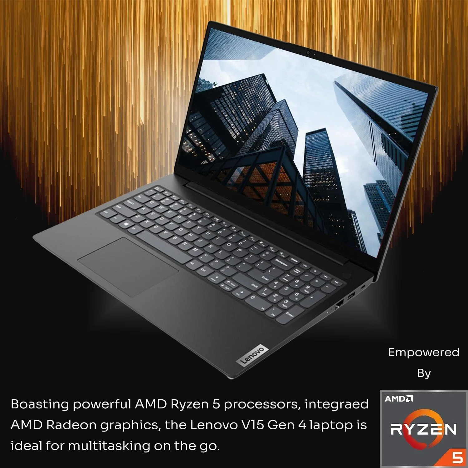 لپ تاپ تجاری لنوو V15 Gen 4، صفحه نمایش 15.6 اینچی FHD، پردازنده AMD Ryzen 5 5500U، رم 16 گیگابایتی، SSD 1 ترابایتی، وب کم، HDMI، Wi-Fi، ویندوز 11 پرو، مشکی