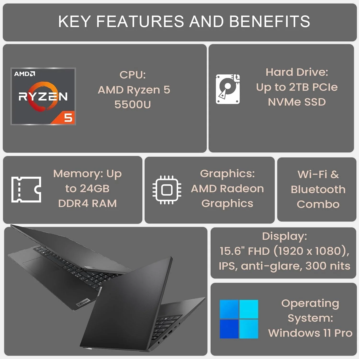 لپ تاپ تجاری لنوو V15 Gen 4، صفحه نمایش 15.6 اینچی FHD، پردازنده AMD Ryzen 5 5500U، رم 16 گیگابایتی، SSD 1 ترابایتی، وب کم، HDMI، Wi-Fi، ویندوز 11 پرو، مشکی