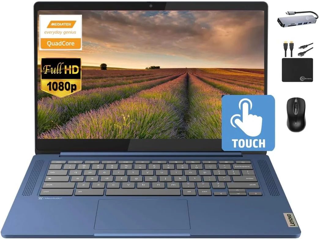 لپ تاپ لمسی باریک 14 اینچی لنوو Chromebook، مناسب دانش آموزان و کسب و کار، پردازنده 8 هسته ای MediaTek Kompanio 520، رم 4 گیگابایتی، حافظه 128 گیگابایتی (64 گیگابایت eMMC + کارت 64 گیگابایتی)، WiFi 6، باتری با عمر طولانی، سیستم عامل Chrome + لوازم جانبی Marxsol