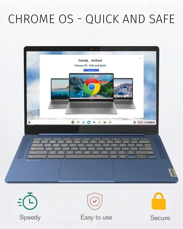 لپ تاپ لمسی باریک 14 اینچی لنوو Chromebook، مناسب دانش آموزان و کسب و کار، پردازنده 8 هسته ای MediaTek Kompanio 520، رم 4 گیگابایتی، حافظه 128 گیگابایتی (64 گیگابایت eMMC + کارت 64 گیگابایتی)، WiFi 6، باتری با عمر طولانی، سیستم عامل Chrome + لوازم جانبی Marxsol