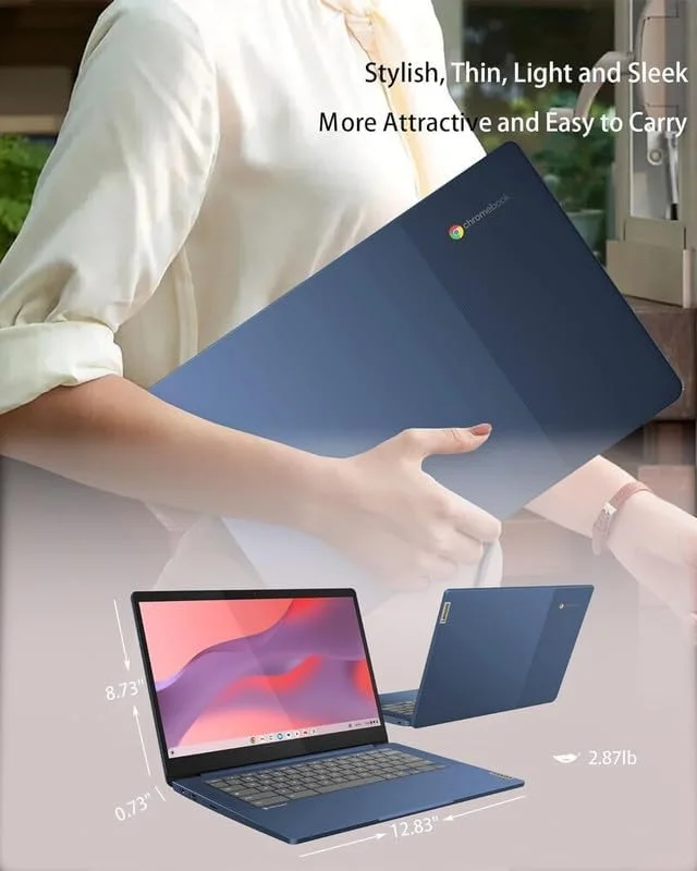 لپ تاپ لمسی باریک 14 اینچی لنوو Chromebook، مناسب دانش آموزان و کسب و کار، پردازنده 8 هسته ای MediaTek Kompanio 520، رم 4 گیگابایتی، حافظه 128 گیگابایتی (64 گیگابایت eMMC + کارت 64 گیگابایتی)، WiFi 6، باتری با عمر طولانی، سیستم عامل Chrome + لوازم جانبی Marxsol
