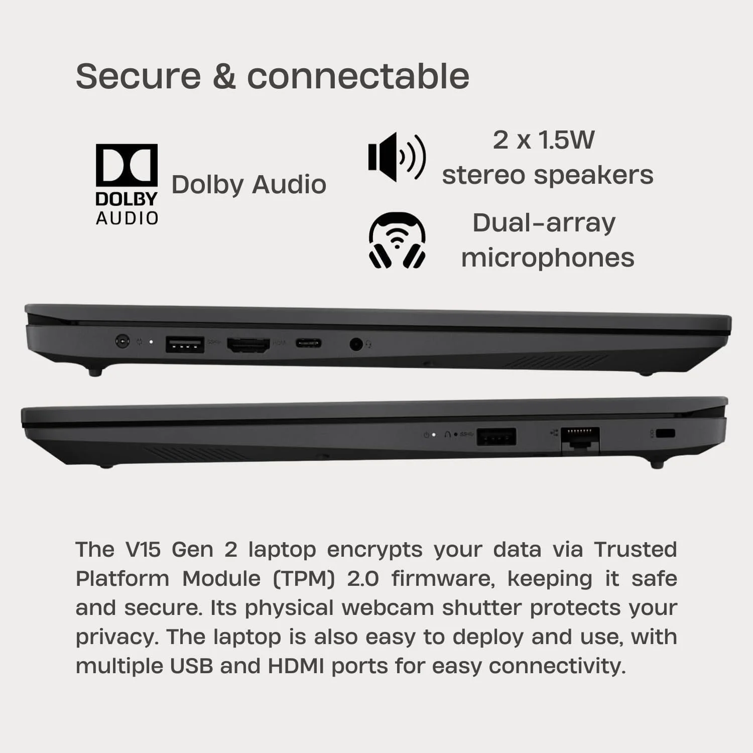 لپ تاپ Lenovo V15 G2، صفحه نمایش 15.6 اینچی FHD، پردازنده دو هسته ای اینتل، 32 گیگابایت رم، 1 ترابایت SSD، وب کم، HDMI، Wi-Fi، ویندوز 11 هوم، مشکی