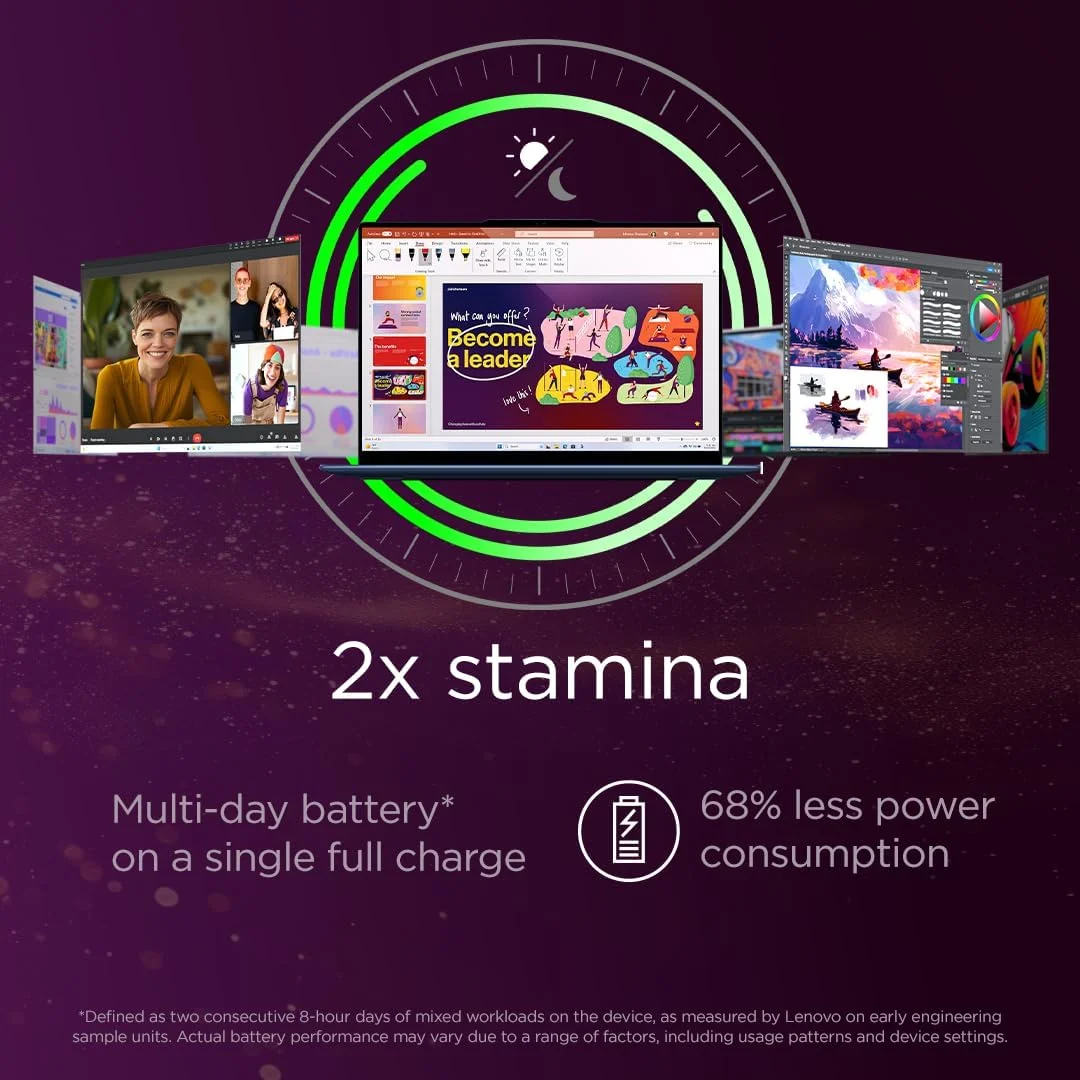 لپ تاپ Lenovo Yoga Slim 7 با CopilotAI، صفحه نمایش لمسی 14.5 اینچی 3K OLED، Snapdragon X Elite X1E-78-100 + Hexagon NPU 45 TOPS، رم 32 گیگابایتی، SSD 1 ترابایتی، نور پس زمینه انگلیسی-عربی W11، آبی کیهانی [83ED003CAX]+2 سال PremiumCare