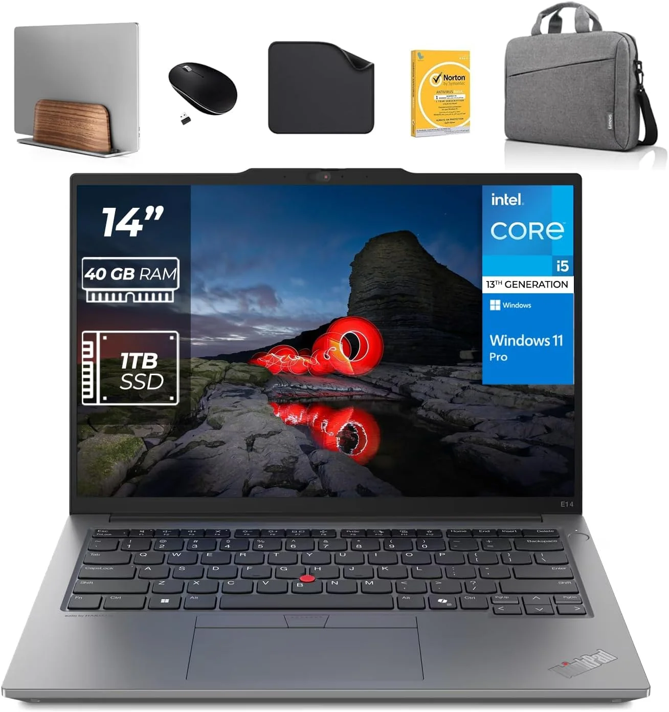 لپ تاپ تجاری لنوو ThinkPad E14 Gen 5 - نسل سیزدهم اینتل i5-13420H، ویندوز 11 پرو (شامل پایه لپ تاپ + ماوس بی سیم + آنتی ویروس + پد ماوس) (40 گیگابایت رم | 1 ترابایت SSD)