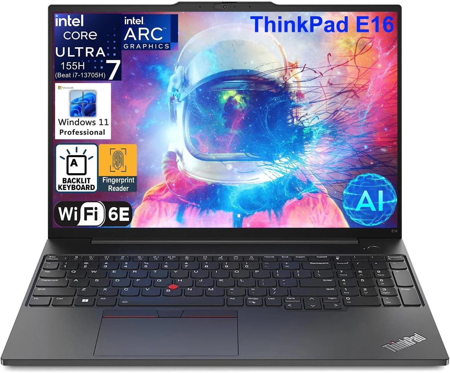 لپ تاپ تجاری لنوو ThinkPad E16 G2 با صفحه نمایش 16 اینچی FHD+، پردازنده 16 هسته ای Intel Ultra 7 155H (بهتر از Ultra 7 255U)، رم 32 گیگابایتی DDR5، حافظه SSD یک ترابایتی PCIe، وای فای 6E، کیبورد با نور پس زمینه، حسگر اثر انگشت، ویندوز 11 پرو