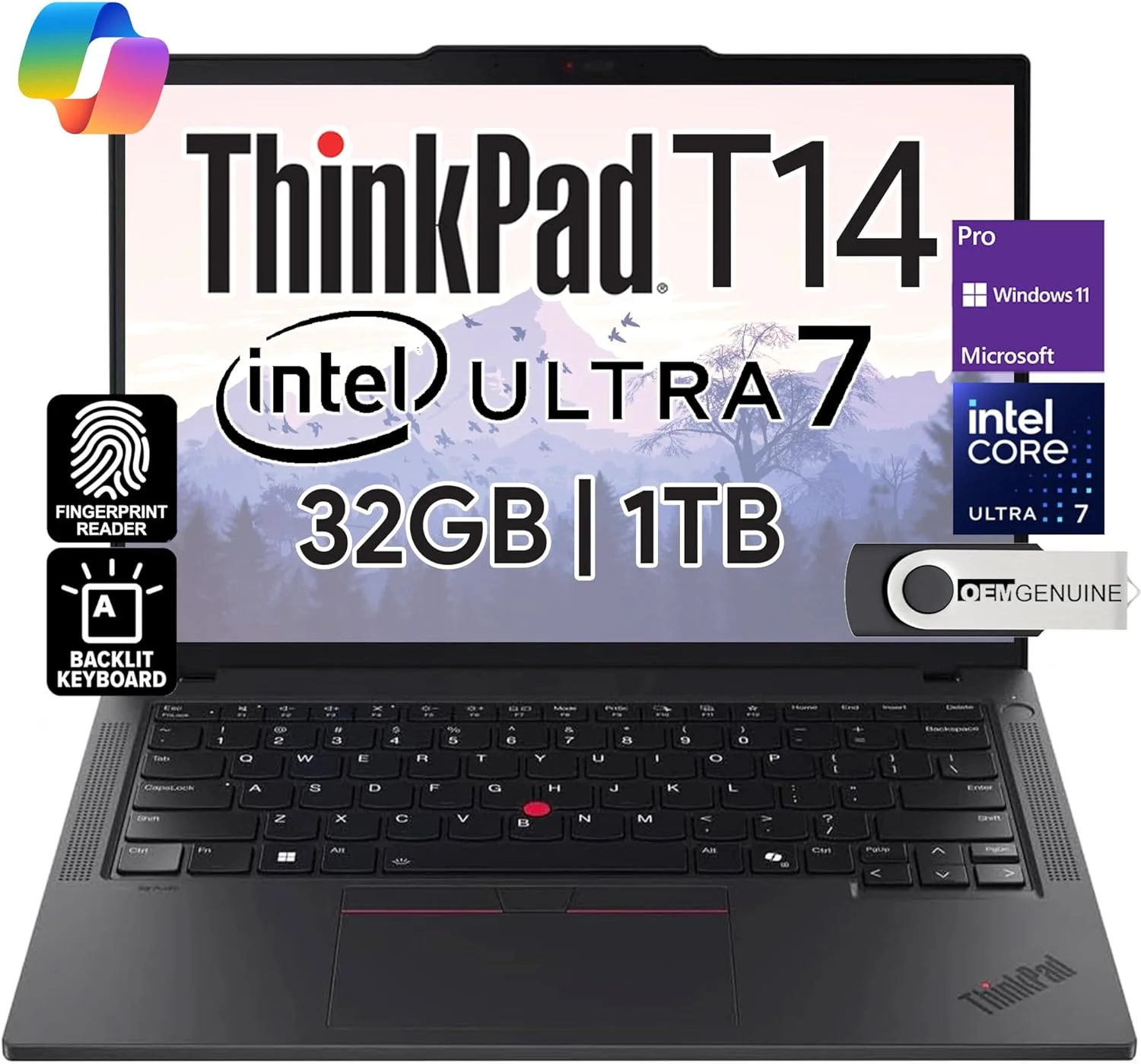لپ تاپ تجاری لنوو ThinkPad T14 Gen 5، صفحه نمایش 14 اینچی FHD+ IPS، پردازنده Intel Ultra 7 155U، رم 32 گیگابایتی DDR5، حافظه SSD 1 ترابایتی، وب کم 5 مگاپیکسلی، حسگر اثر انگشت، نور پس زمینه، Wi-Fi 6E، 2 پورت Thunderbolt 4، هوش مصنوعی، ویندوز 11 پرو، 1 سال گارانتی