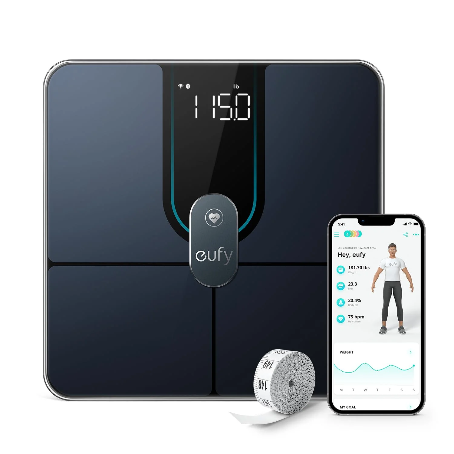 ترازو هوشمند Eufy مدل P2 Pro، ترازوی وزن با Wi-Fi، ترازوی بلوتوثی، 16 اندازه گیری شامل وزن، ضربان قلب، چربی بدن، BMI، توده عضلانی و استخوانی، حالت بدن مجازی سه بعدی، 50 گرم / 0.1 پوند