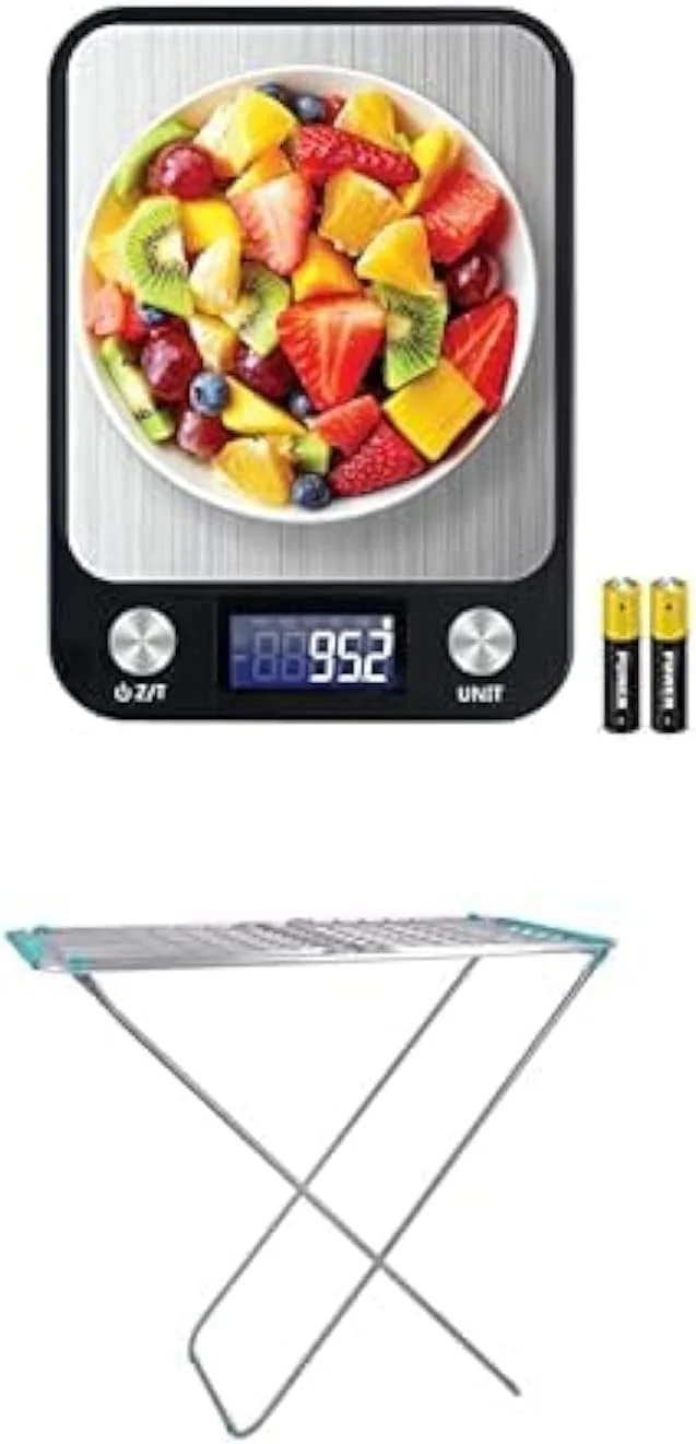 ترازوی آشپزخانه دیجیتال SKY-TOUCH، ترازوی چند منظوره مواد غذایی + بند رخت تاشو بزرگ Delcasa