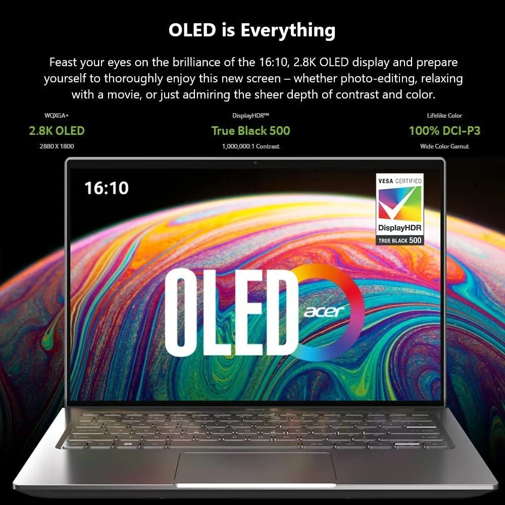 لپ تاپ ایسر Swift 3 OLED Intel Evo باریک و سبک | نمایشگر 14 اینچی OLED 2880x1800 | پردازنده Intel Core i7-12700H | گرافیک Intel Iris Xe | رم 16 گیگابایتی LPDDR5 | حافظه SSD 1 ترابایتی | Wi-Fi 6E | ویندوز 11 هوم | SF314-71-75MW، خاکستری
