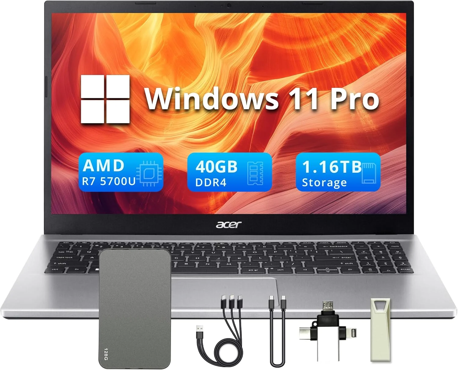 لپ تاپ Acer Aspire 3، صفحه نمایش 15.6 اینچی FHD، رم 40 گیگابایتی، حافظه 1.16 ترابایتی (1 ترابایت SSD و ست داکینگ استیشن 160 گیگابایتی)، AMD Ryzen 7 5700U، گرافیک AMD Radeon، نقره ای، ویندوز 11 پرو، صفحه کلید عددی، دوربین جلو، WiFi 6