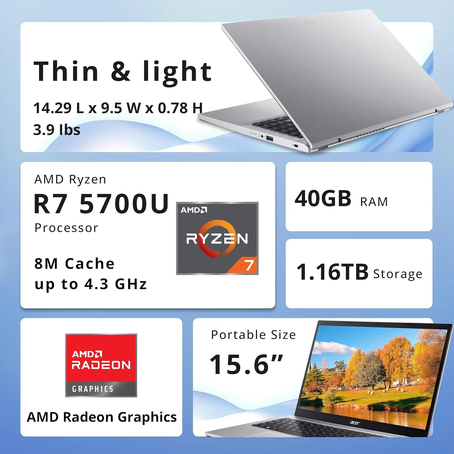 لپ تاپ Acer Aspire 3، صفحه نمایش 15.6 اینچی FHD، رم 40 گیگابایتی، حافظه 1.16 ترابایتی (1 ترابایت SSD و ست داکینگ استیشن 160 گیگابایتی)، AMD Ryzen 7 5700U، گرافیک AMD Radeon، نقره ای، ویندوز 11 پرو، صفحه کلید عددی، دوربین جلو، WiFi 6