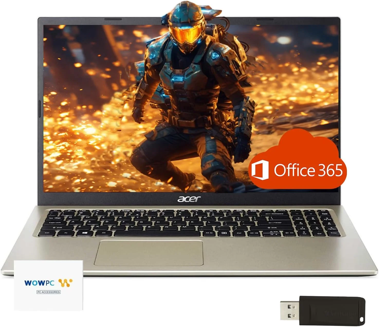 لپ تاپ باریک ایسر Aspire، یک سال Office365، صفحه نمایش 15.6 اینچی FHD، پردازنده دو هسته ای اینتل سلرون N4500، RJ-45، وب کم، WiFi، بلوتوث، ویندوز 11، طلایی سافاری، همراه با USB WOWPC (32 گیگابایت رم | 1 ترابایت SSD)