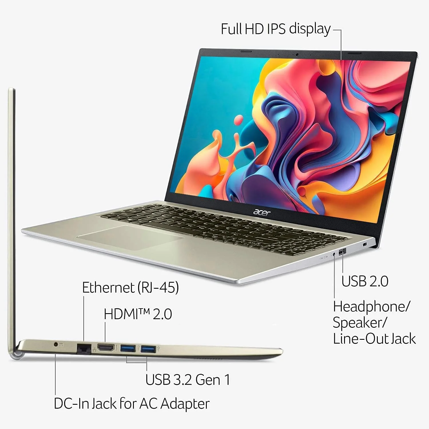 لپ تاپ باریک ایسر Aspire، یک سال Office365، صفحه نمایش 15.6 اینچی FHD، پردازنده دو هسته ای اینتل سلرون N4500، RJ-45، وب کم، WiFi، بلوتوث، ویندوز 11، طلایی سافاری، همراه با USB WOWPC (32 گیگابایت رم | 1 ترابایت SSD) لپ تاپ باریک ایسر Aspire، یک سال Office365، صفحه نمایش 15.6 اینچی FHD، پردازنده دو هسته ای اینتل سلرون N4500، RJ-45، وب کم، WiFi، بلوتوث، ویندوز 11، طلایی سافاری، همراه با USB WOWPC (32 گیگابایت رم | 1 ترابایت SSD)