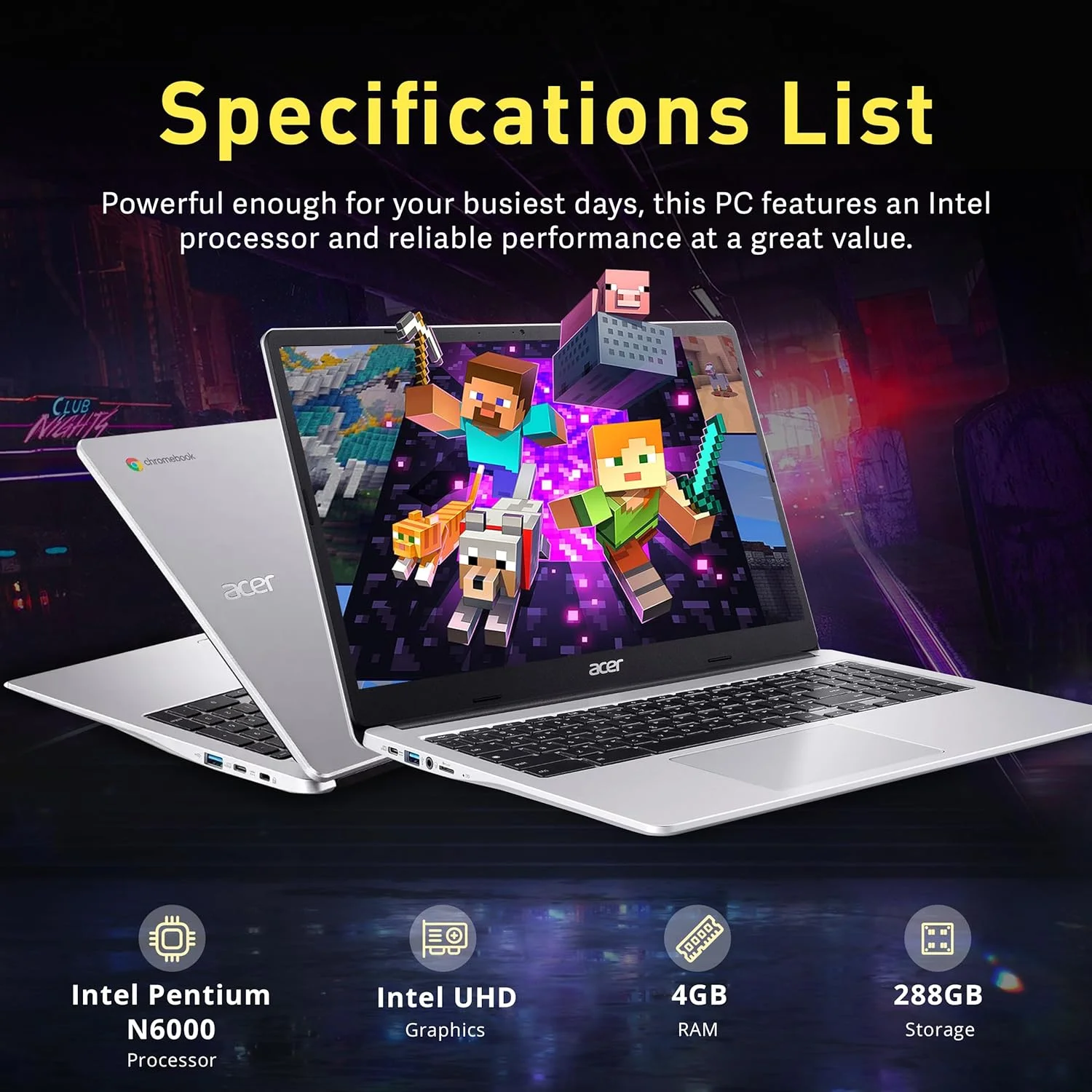 لپ تاپ Acer Chromebook 315، صفحه نمایش 15.6 اینچی HD، پردازنده Intel Pentium N6000، رم 4 گیگابایتی LPDDR4X، حافظه 288 گیگابایتی (128 گیگابایت eMMC + 160 گیگابایت داک استیشن)، صفحه کلید Num Pad، Wi-Fi 6، عمر باتری طولانی، سیستم عامل Chrome، نقره ای