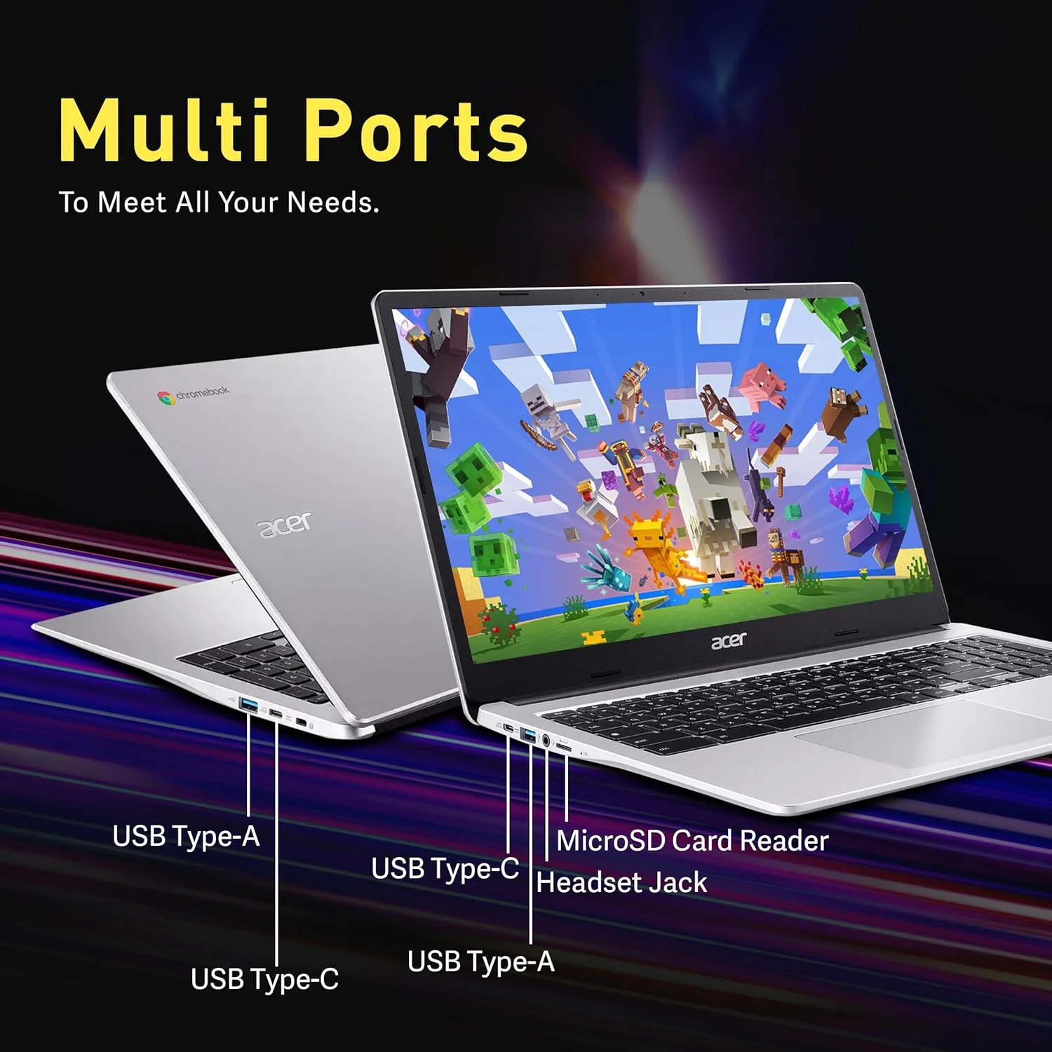 لپ تاپ Acer Chromebook 315، صفحه نمایش 15.6 اینچی HD، پردازنده Intel Pentium N6000، رم 4 گیگابایتی LPDDR4X، حافظه 288 گیگابایتی (128 گیگابایت eMMC + 160 گیگابایت داک استیشن)، صفحه کلید Num Pad، Wi-Fi 6، عمر باتری طولانی، سیستم عامل Chrome، نقره ای