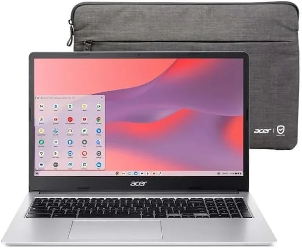 لپ تاپ Acer Chromebook 315، صفحه نمایش 15.6 اینچی FHD، پردازنده Intel Celeron N4500، رم 4 گیگابایتی، حافظه eMMC 64 گیگابایتی، وب کم، سیستم عامل Chrome، نقره ای خالص، شامل آستین محافظ، کارت SD 64 گیگابایتی TWE