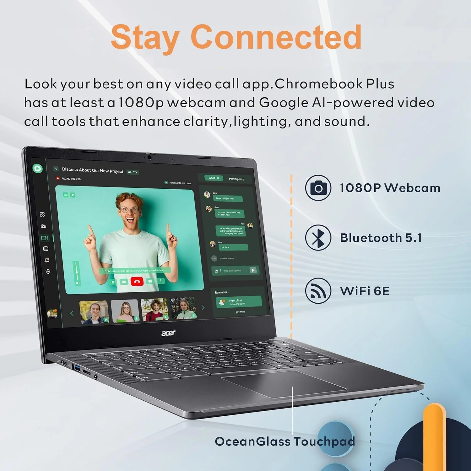 لپ تاپ Acer Chromebook Plus 514 با هوش مصنوعی گوگل، پردازنده 8 هسته ای Intel i3-N305، رم 8 گیگابایتی LPDDR5، حافظه SSD 512 گیگابایتی، صفحه نمایش لمسی 14 اینچی FHD 1920 x 1080 IPS، وای فای 6E، وب کم 1080P، سیستم عامل Chrome، وب کم 1080p، عمر باتری طولانی
