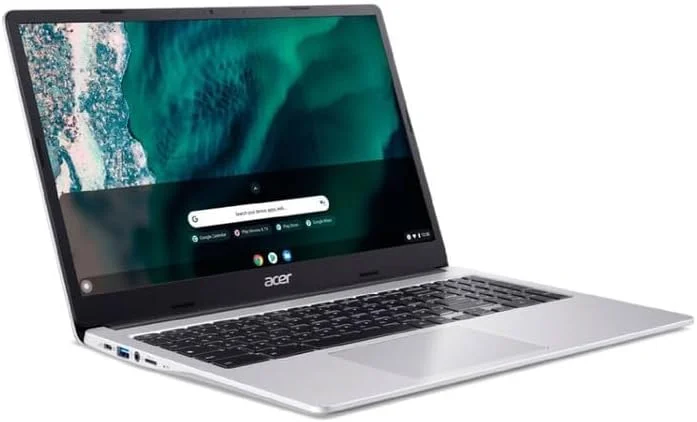 لپ تاپ Acer Chromebook 315، صفحه نمایش 15.6 اینچی FHD، پردازنده Intel Celeron N4500، رم 4 گیگابایتی، حافظه eMMC 64 گیگابایتی، وب کم، سیستم عامل Chrome، نقره ای خالص، شامل آستین محافظ، کارت SD 64 گیگابایتی TWE