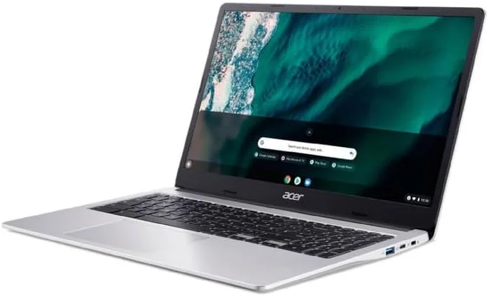 لپ تاپ Acer Chromebook 315، صفحه نمایش 15.6 اینچی FHD، پردازنده Intel Celeron N4500، رم 4 گیگابایتی، حافظه eMMC 64 گیگابایتی، وب کم، سیستم عامل Chrome، نقره ای خالص، شامل آستین محافظ، کارت SD 64 گیگابایتی TWE