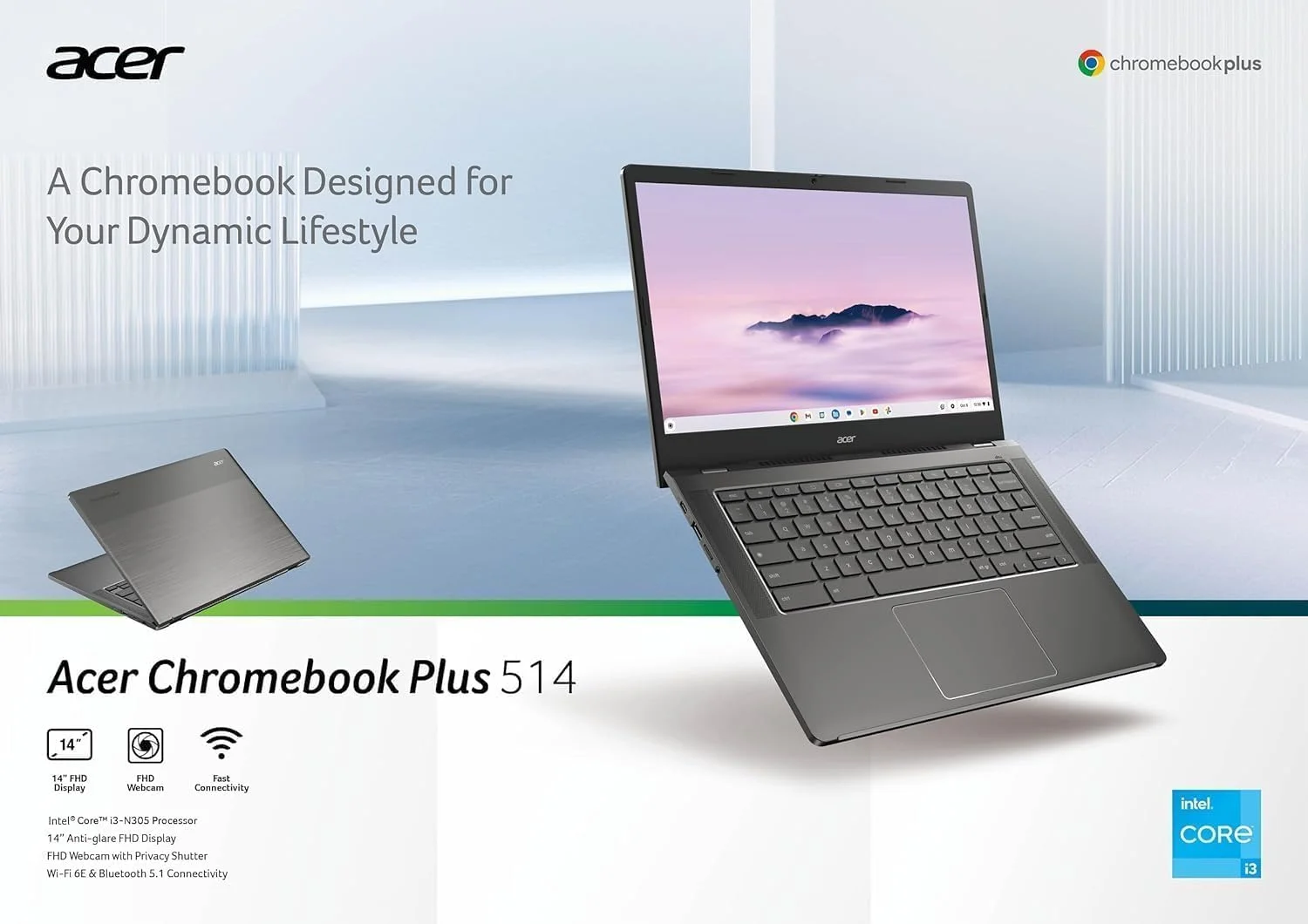 لپ تاپ لمسی Acer Chromebook Plus 514، پردازنده 8 هسته ای Intel i3-N305، رم 8 گیگابایتی LPDDR5، حافظه SSD 512 گیگابایتی، لپ تاپ تجاری 14 اینچی FHD، Wi-Fi 6E، وب کم 1080P، کارت خوان SD، Chrome OS + لوازم جانبی طراحی شده