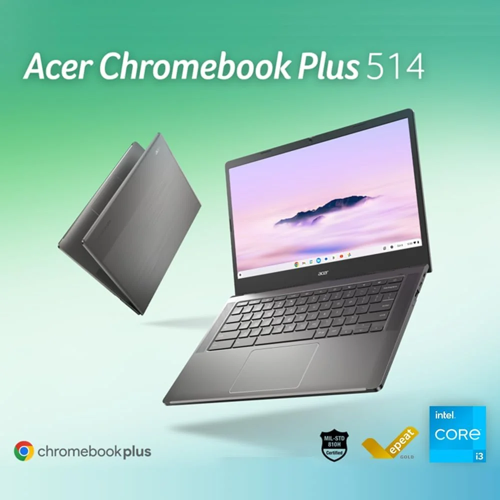 لپ تاپ Acer Chromebook Plus 514 با هوش مصنوعی گوگل - صفحه نمایش لمسی 14 اینچی Full HD 1920 x 1080 IPS | Intel Core i3-N305 | 8 گیگابایت LPDDR5 | 128 گیگابایت SSD | Wi-Fi 6E | دوربین FHD | سیستم عامل Chrome | CB514-4HT-375Z