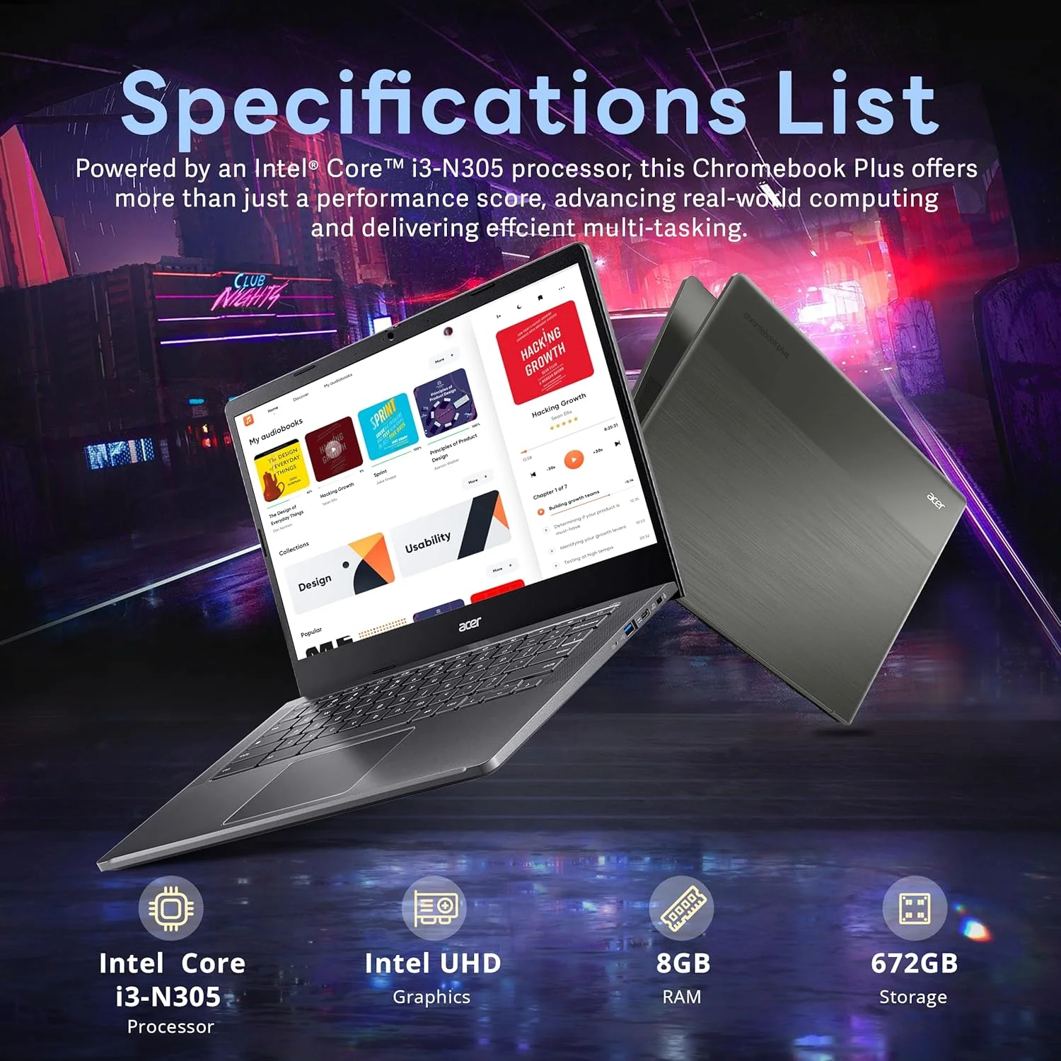 لپ تاپ لمسی 14 اینچی FHD ایسر Chromebook Plus، پردازنده Intel i3-N305، رم 8 گیگابایتی LPDDR5، حافظه 672 گیگابایتی (512 گیگابایت SSD + 160 گیگابایت داک استیشن)، گرافیک Intel UHD، Wi-Fi 6E، سیستم عامل Chrome، خاکستری