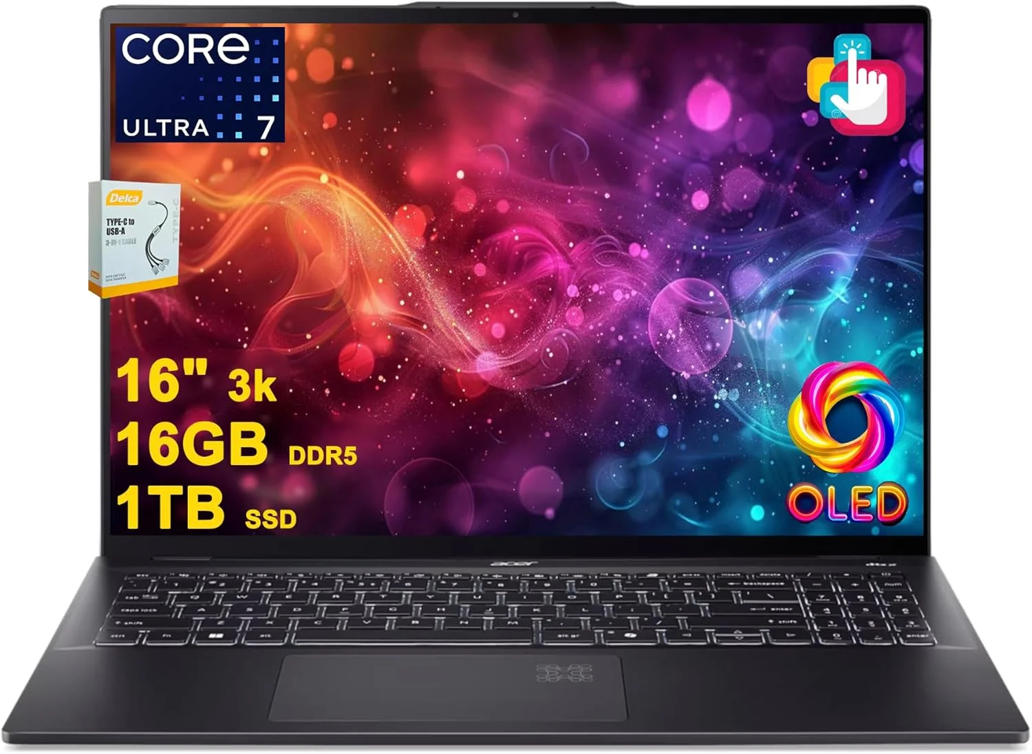 لپ تاپ ایسر Swift 16 AI Copilot+ PC | صفحه نمایش لمسی 16 اینچی 3K OLED با پوشش 100% DCI-P3 | پردازنده 8 هسته ای Intel Ultra 7 Series 2 256V تا 47 TOPS | رم 16 گیگابایتی DDR5 حافظه 1 ترابایتی SSD | صفحه کلید با نور پس زمینه حسگر اثر انگشت دوربین QHD IR ویندوز 11 به همراه لوازم جانبی DLCA